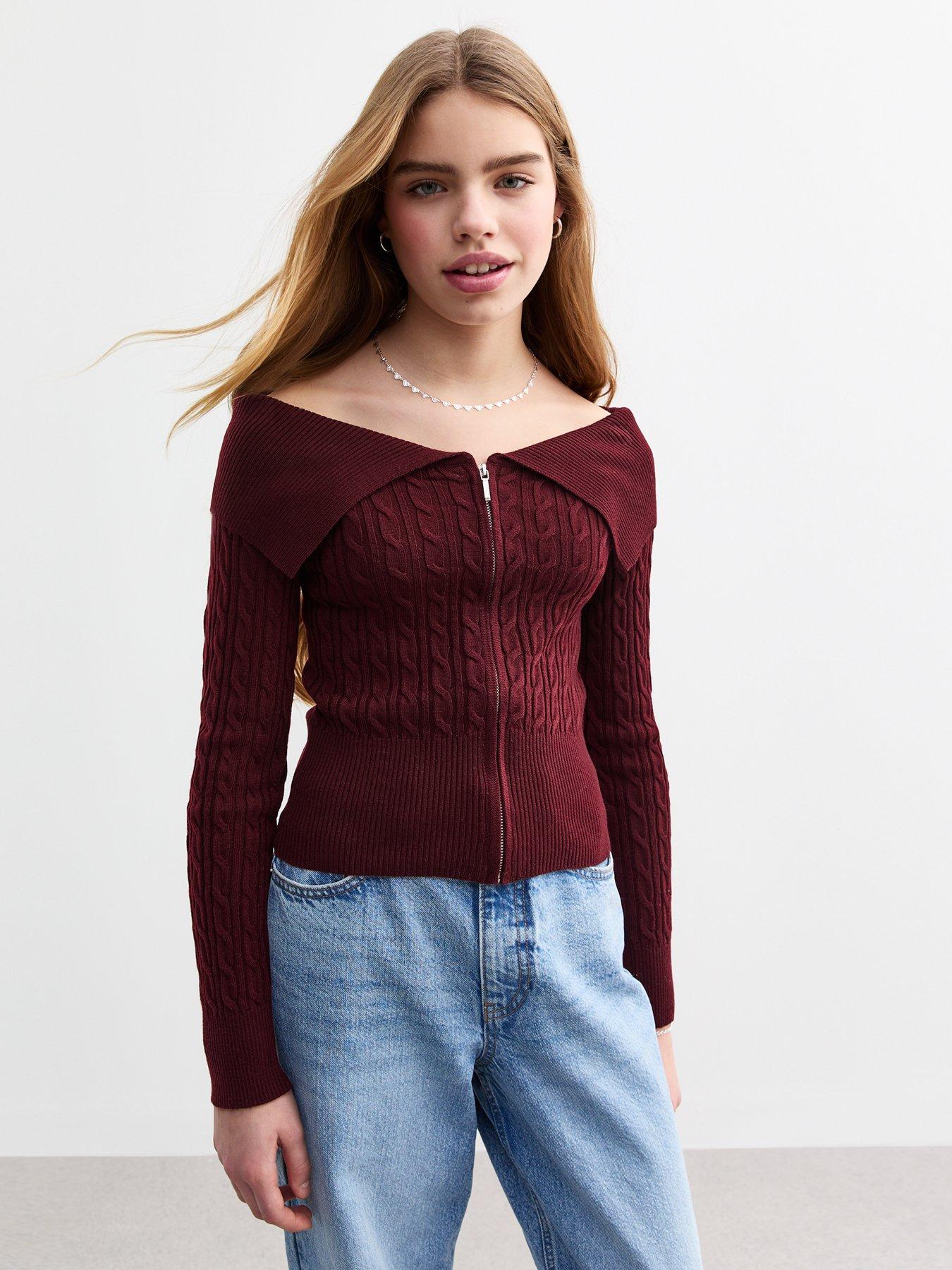 new-look-915-girls-burgundy-cable-knit-zip-through-bardot-jumper