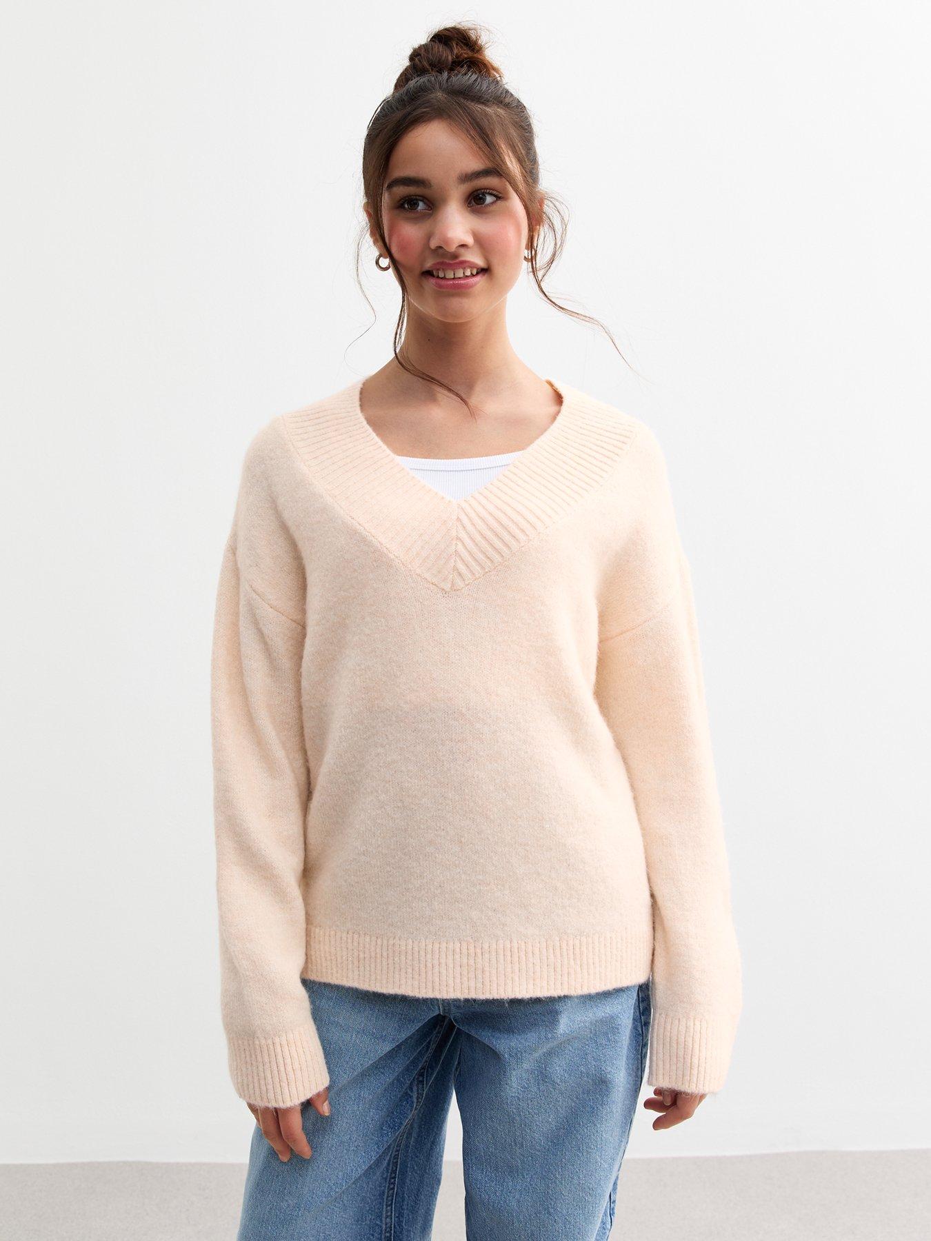 new-look-915-girls-off-white-ribbed-trim-knitted-v-neck-jumper