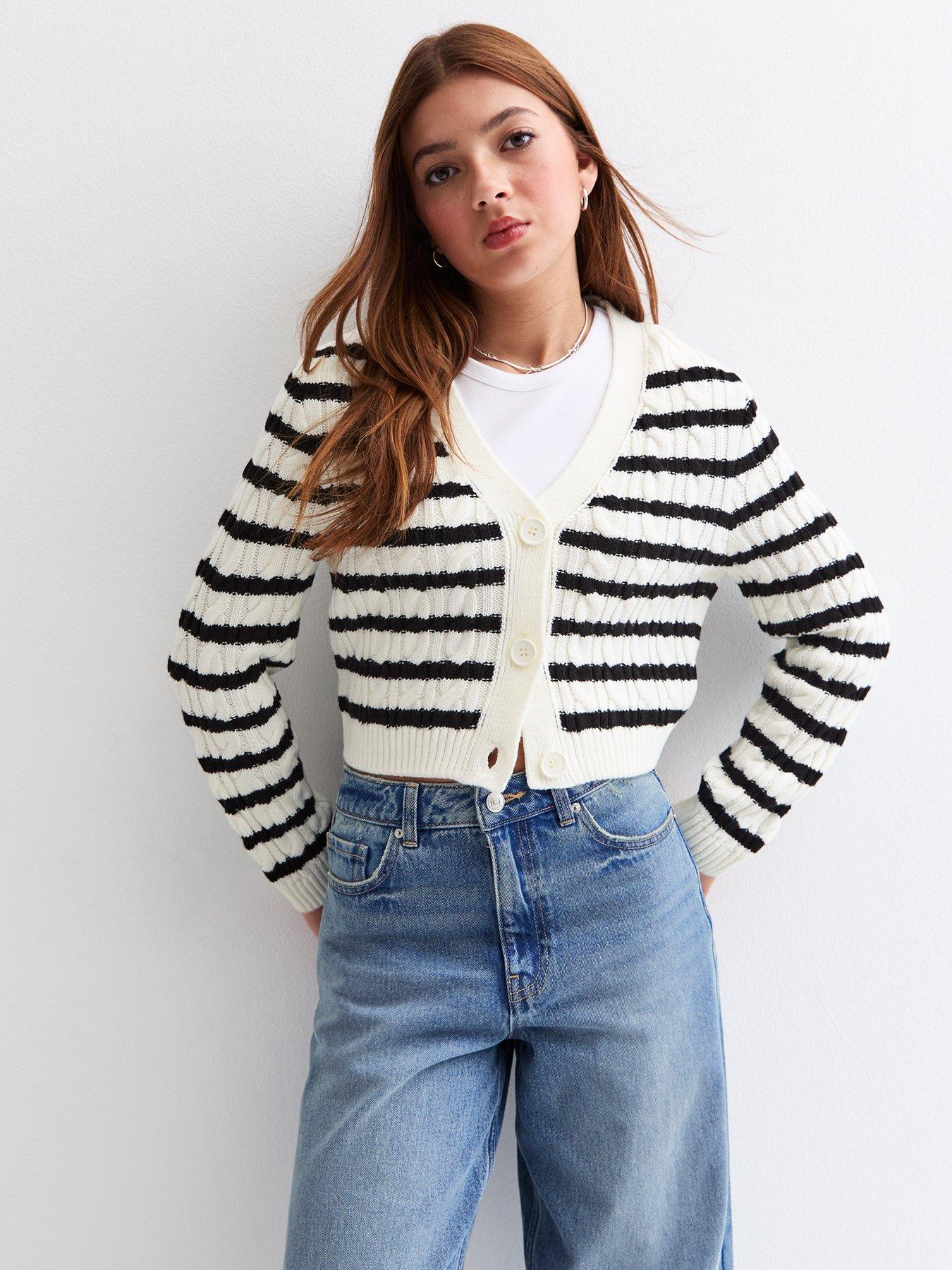 undefined Girls Striped Cable Knit Cardigan - White