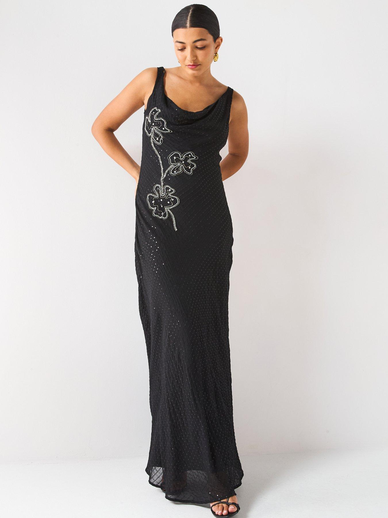 undefined Sequin Floral Cowl Maxi Dress - Black
