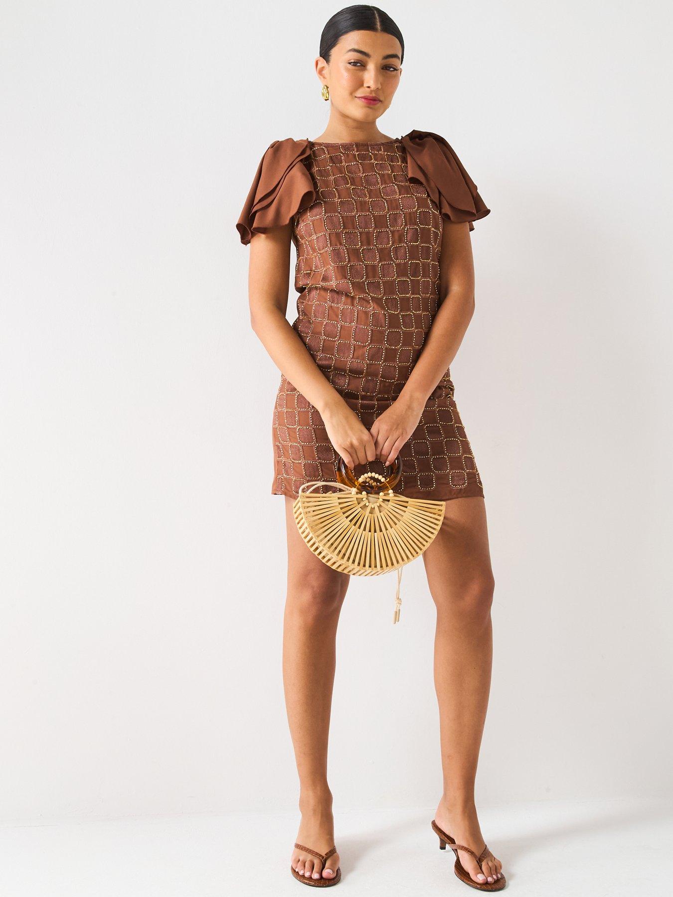 Image of V by Very Frill Sleeve Organza Mini Shift Dress - Brown