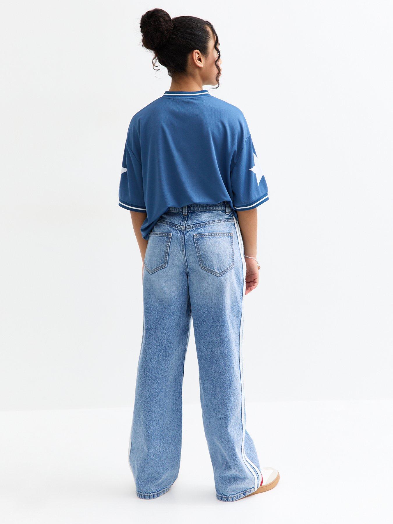 Image 2 of 6 of New Look 915 Girls Blue Contrast Stripe Wide Leg Jeans