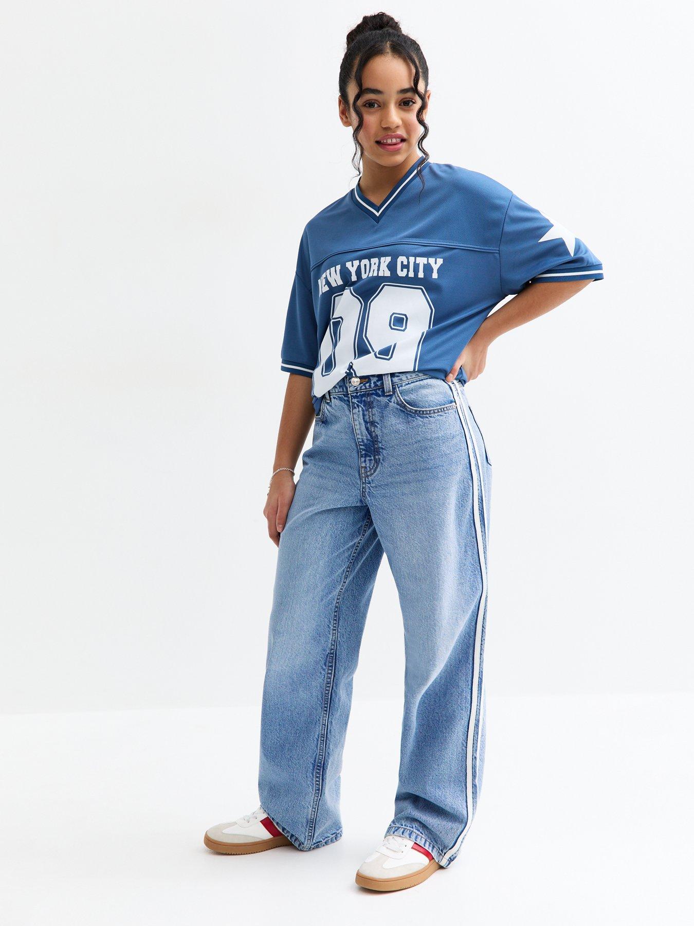 Image 3 of 6 of New Look 915 Girls Blue Contrast Stripe Wide Leg Jeans