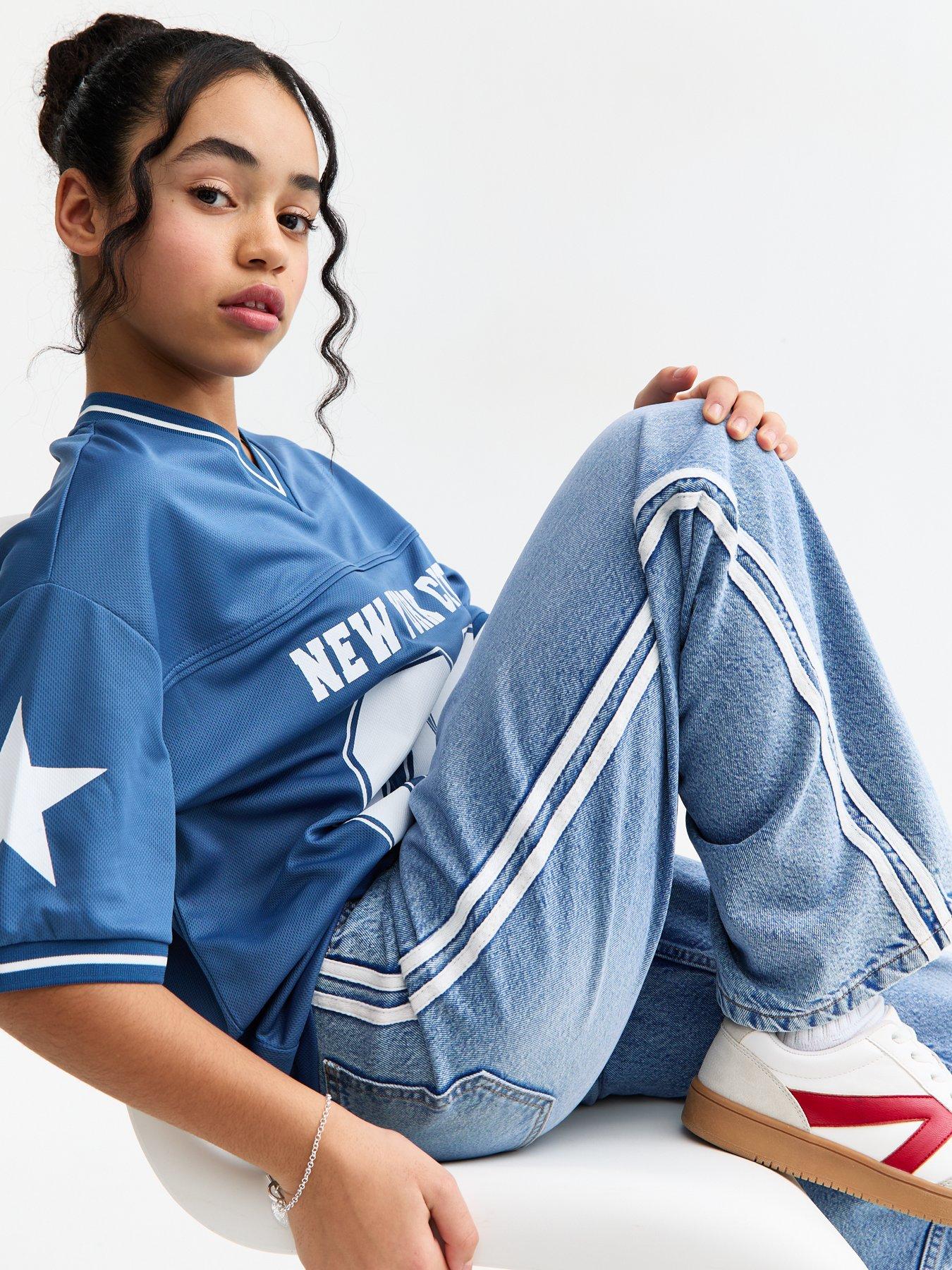 Image 4 of 6 of New Look 915 Girls Blue Contrast Stripe Wide Leg Jeans