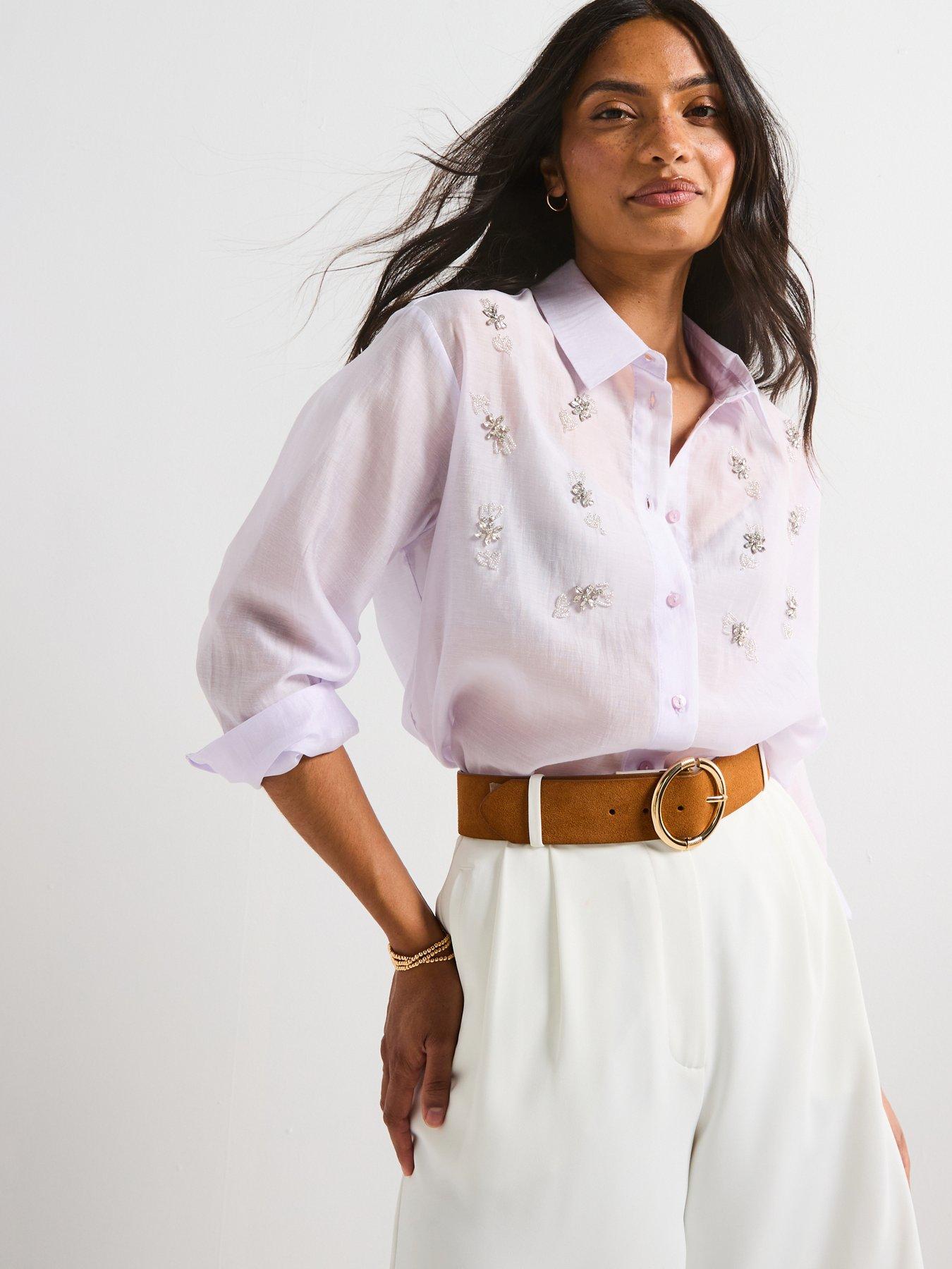 Image 1 of 6 of V by Very Flower Embellished Longline Shirt - Purple