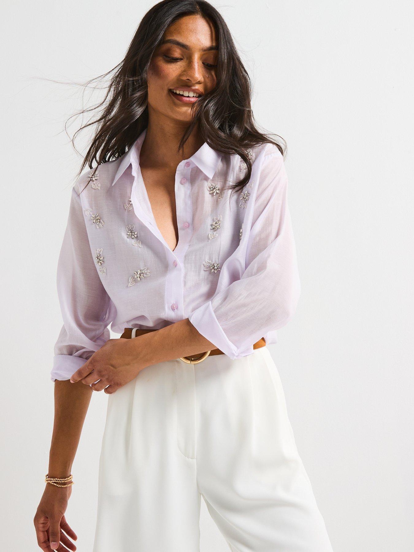 Image 4 of 6 of V by Very Flower Embellished Longline Shirt - Purple