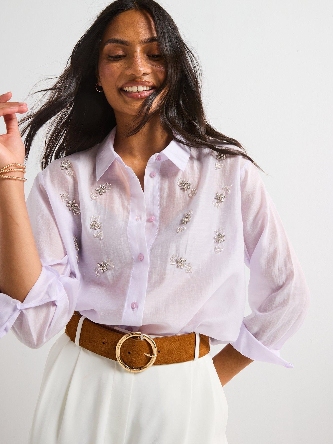 Image 6 of 6 of V by Very Flower Embellished Longline Shirt - Purple