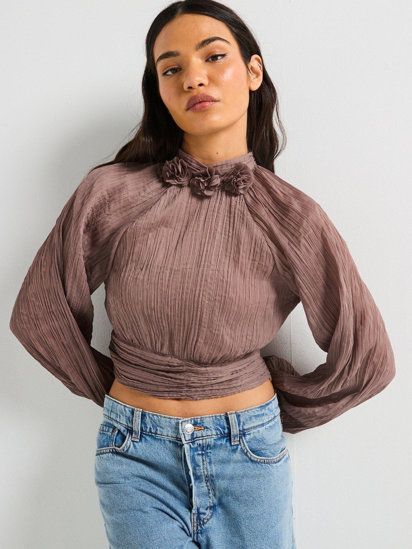 v-by-very-pleated-rosette-blouse-brown