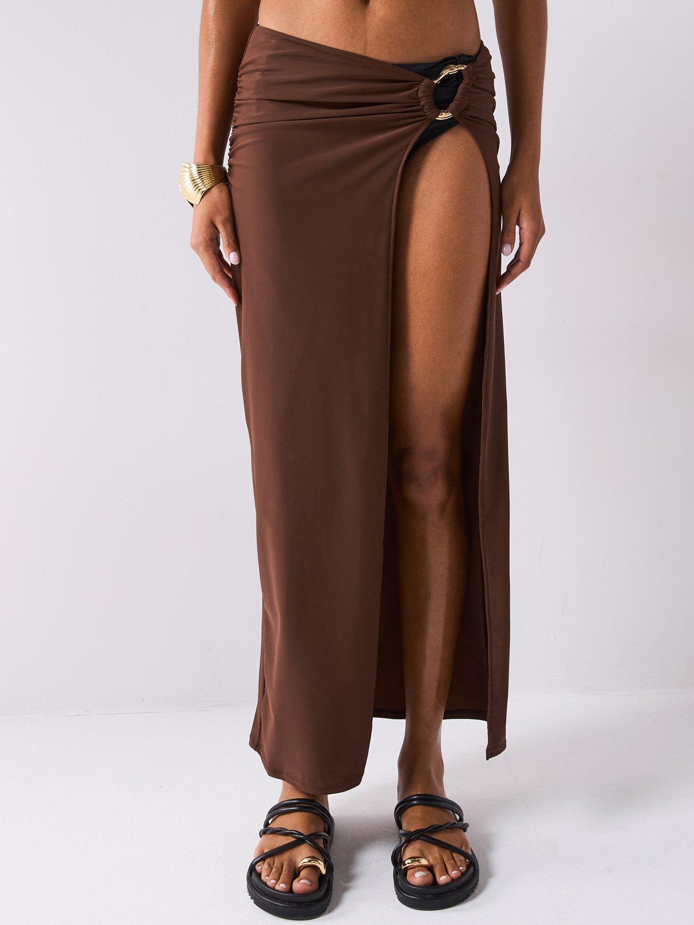 Moda Minx Long Slit Maxi Skirt - Coffee
