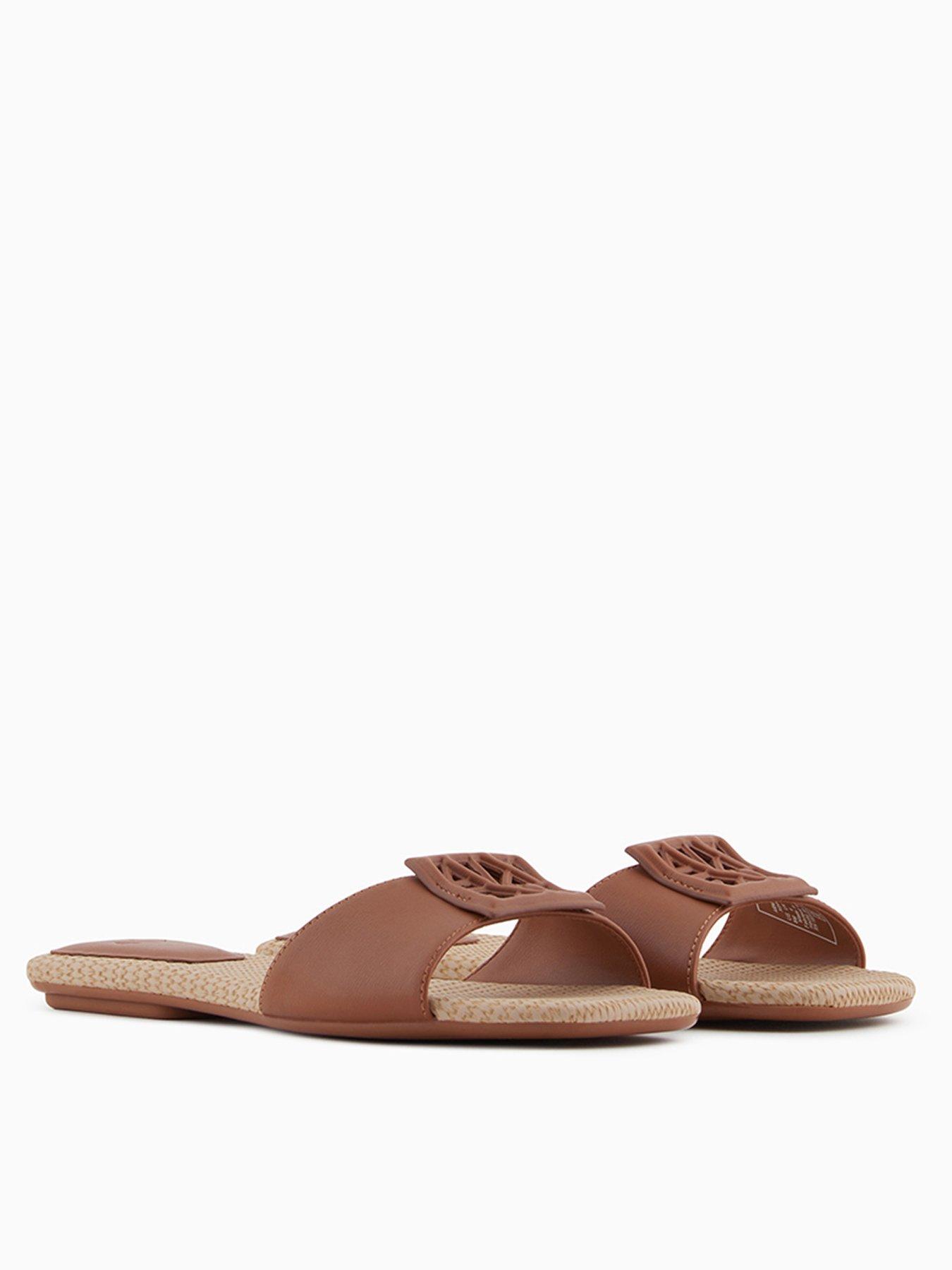 Image 1 of 6 of Armani Exchange Logo Flat Sandals - Brown