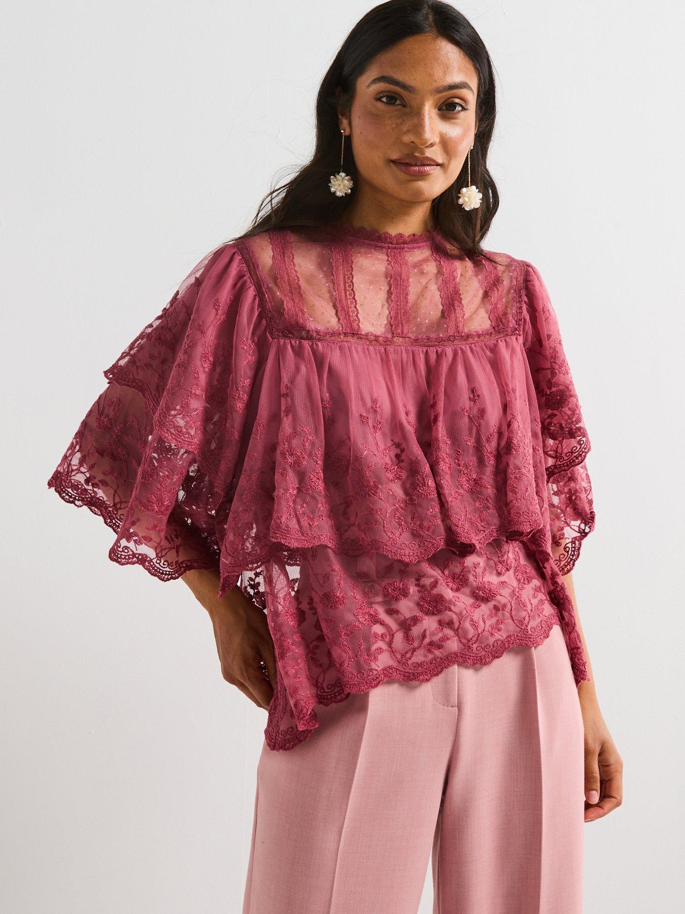 V by Very Sheer Lace Frill Short Sleeve Blouse - Pink