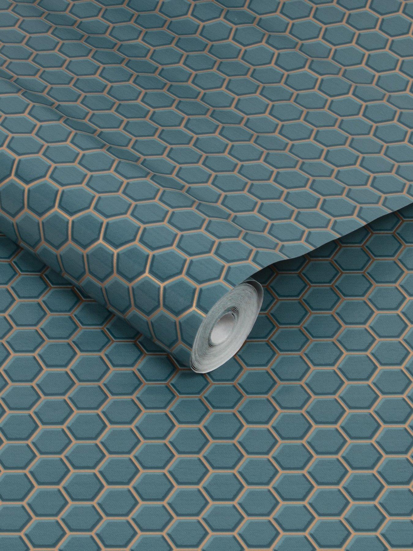 Image 3 of 3 of Contour Hexagon Lattice - Teal Wallpaper