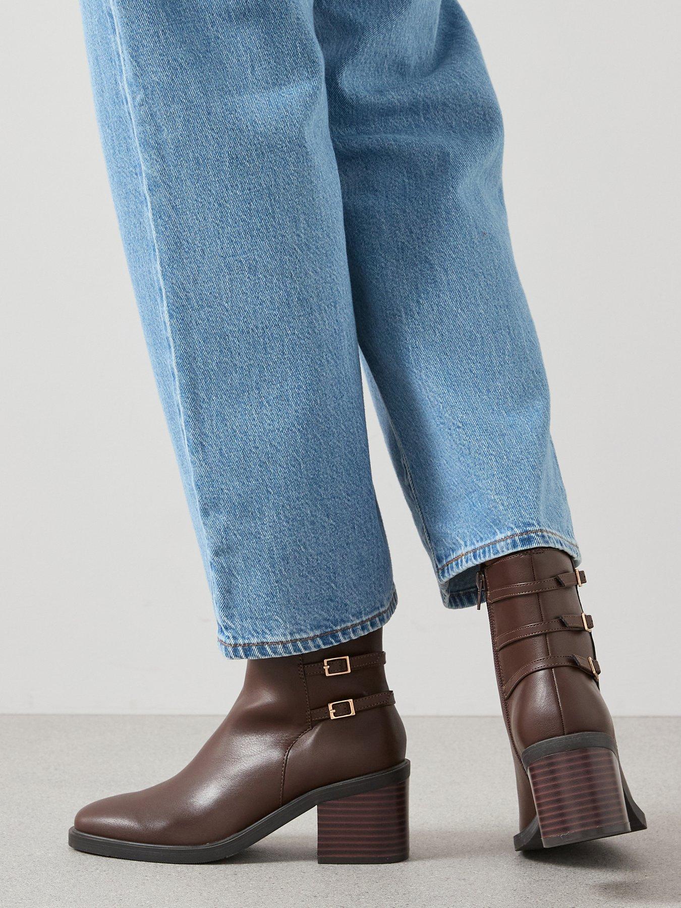 Image 1 of 8 of V by Very Triple Buckle Block Heel Ankle Boot - Brown