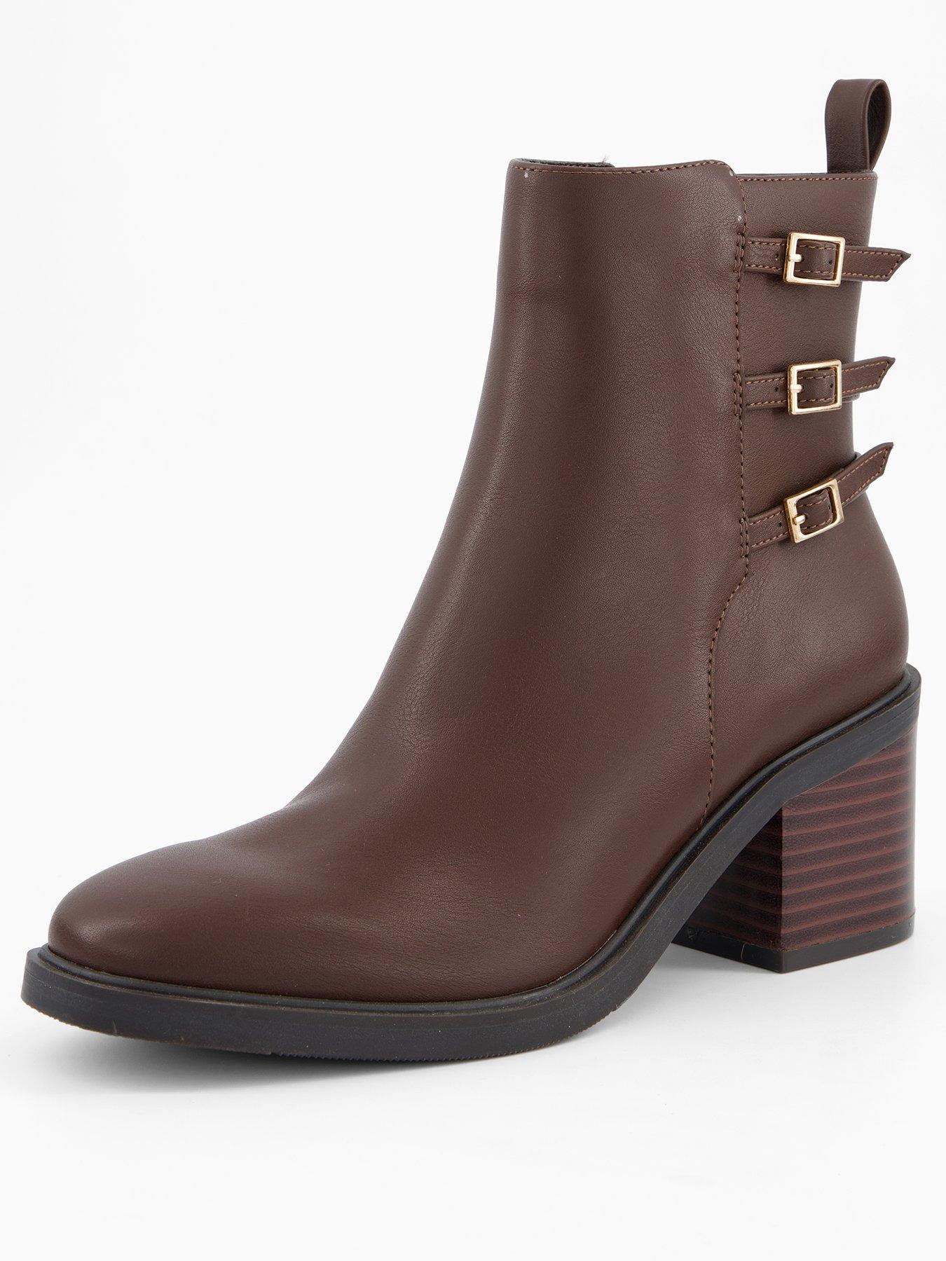 Image 3 of 8 of V by Very Triple Buckle Block Heel Ankle Boot - Brown