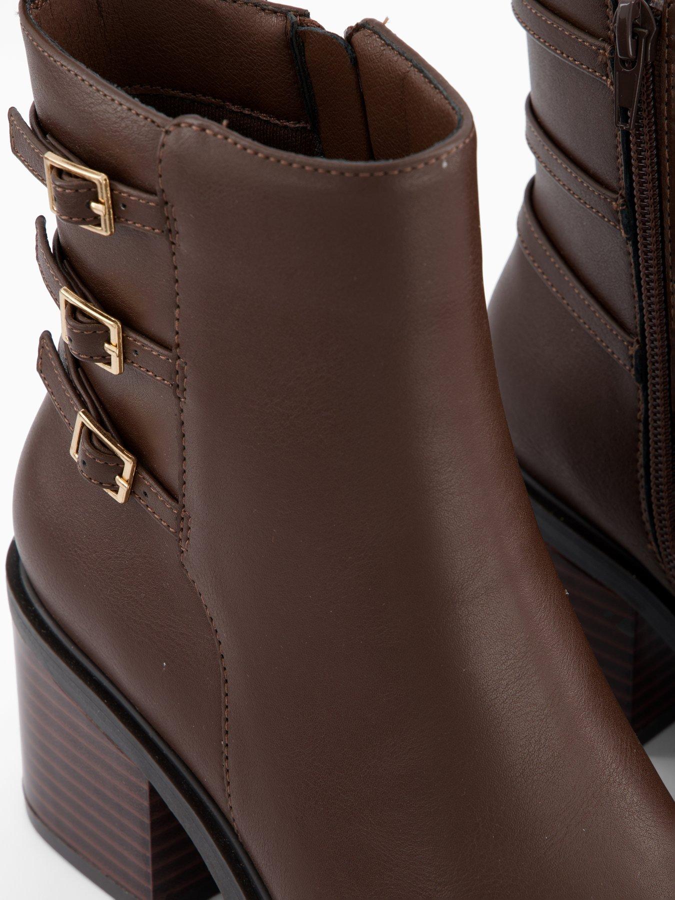 Image 7 of 8 of V by Very Triple Buckle Block Heel Ankle Boot - Brown