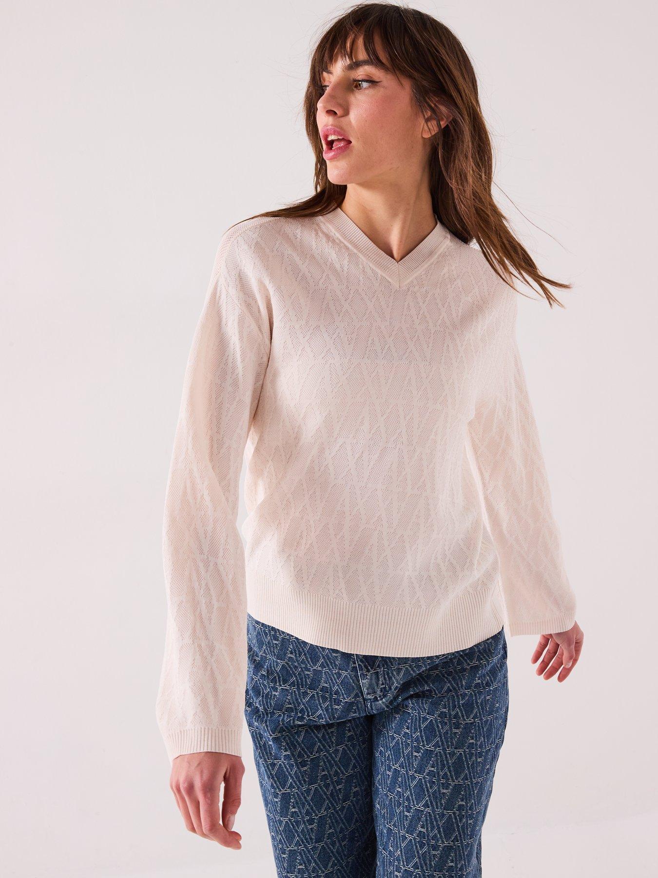 Image 1 of 6 of Armani Exchange Knitted Viscose Logo Jumper - Cream