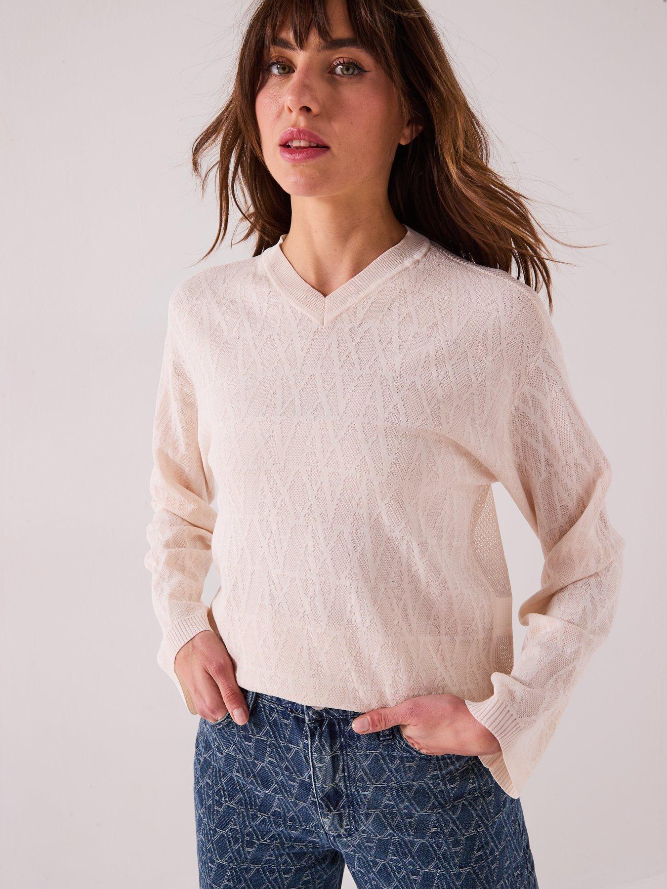 Image 5 of 6 of Armani Exchange Knitted Viscose Logo Jumper - Cream