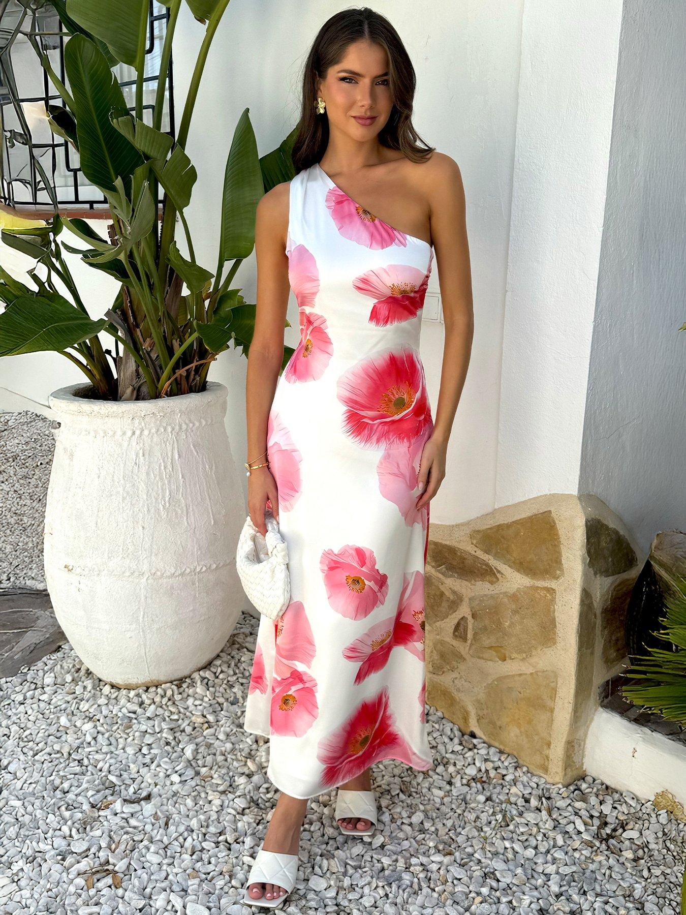 Image 3 of 4 of AX Paris Floral Print One Shoulder Midi Dress - Cream