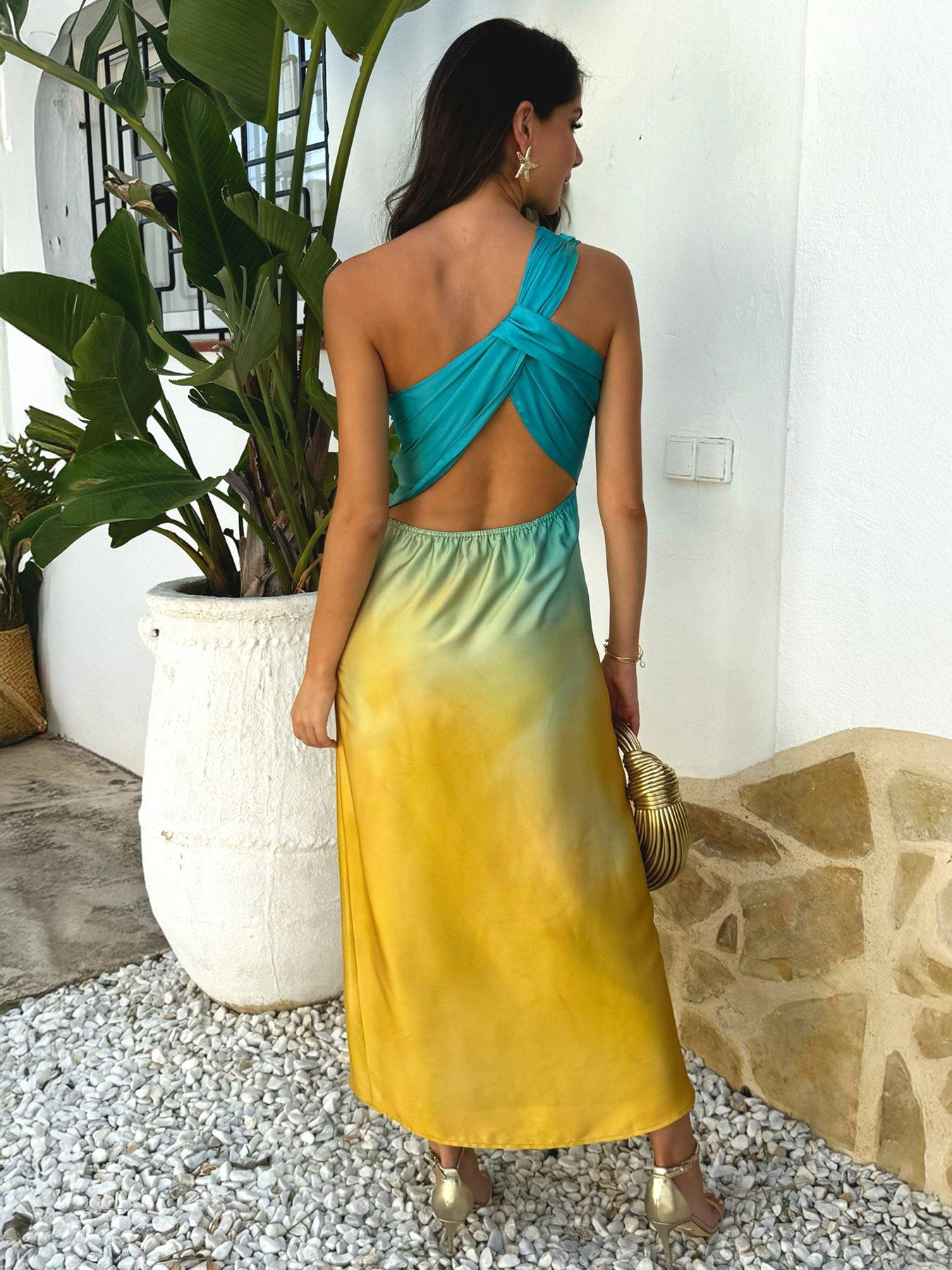 Image 2 of 4 of AX Paris Sunset Ombre One Shoulder Midi Dress - Multi