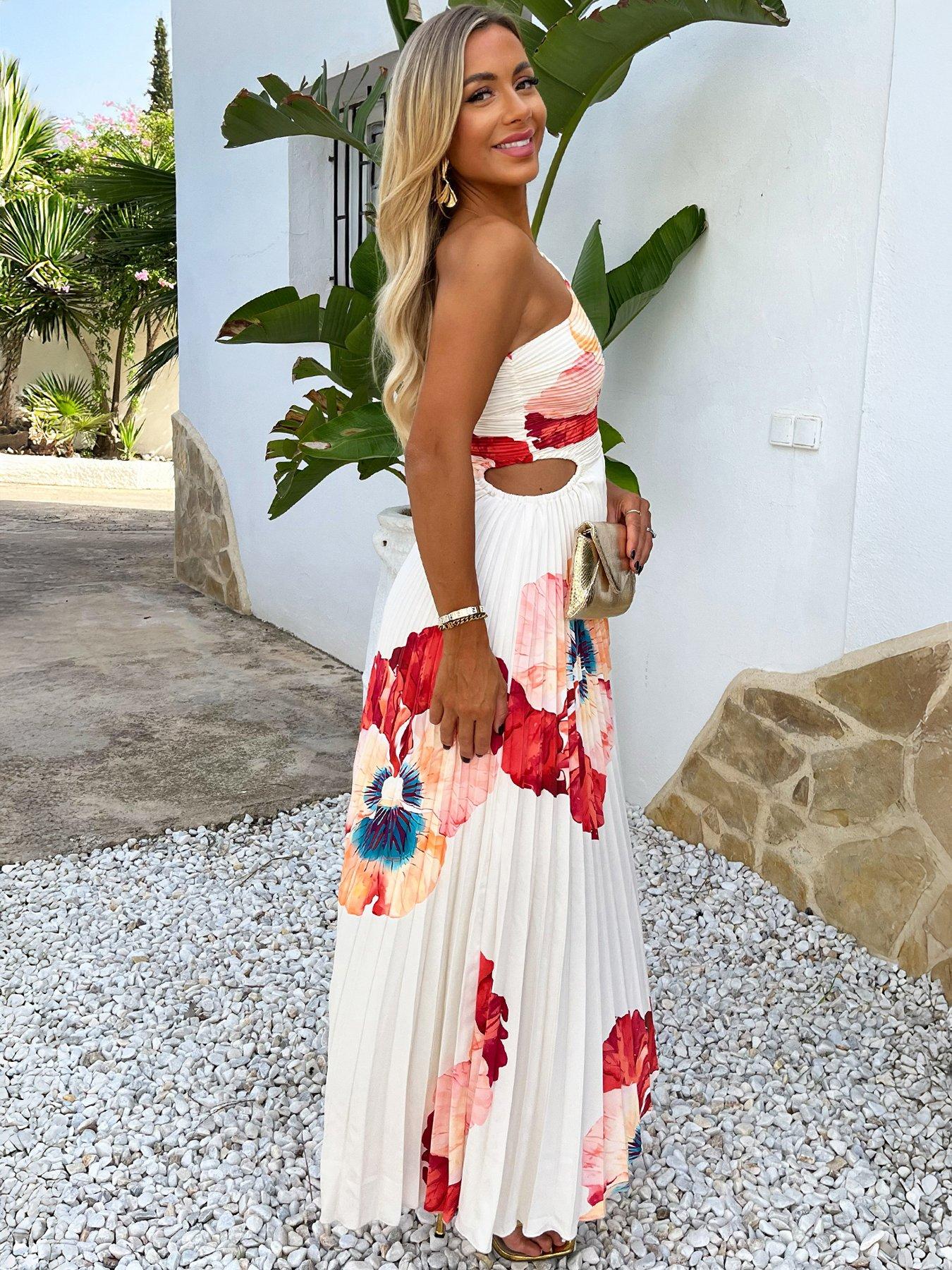 AX Paris Floral Printed One Shoulder Cut Out Pleated Midi Dress - Cream |  Very Ireland