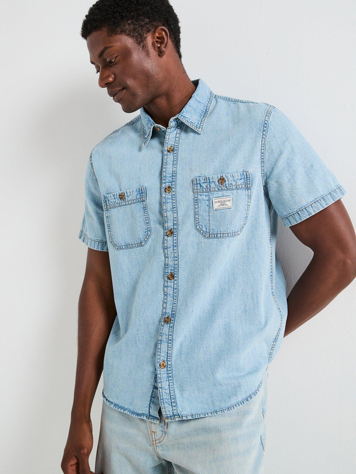 Guess Regular Short Sleeve Denim Shirt- Light Blue