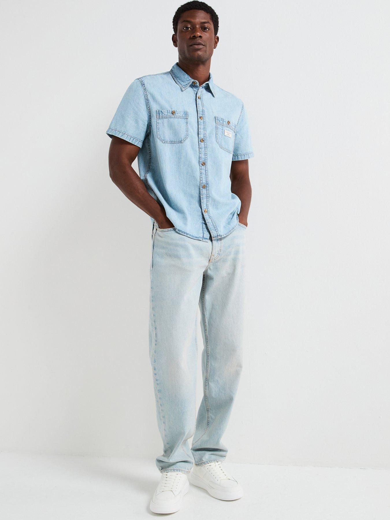 Image 3 of 5 of Guess Regular Short Sleeve Denim Shirt- Light Blue
