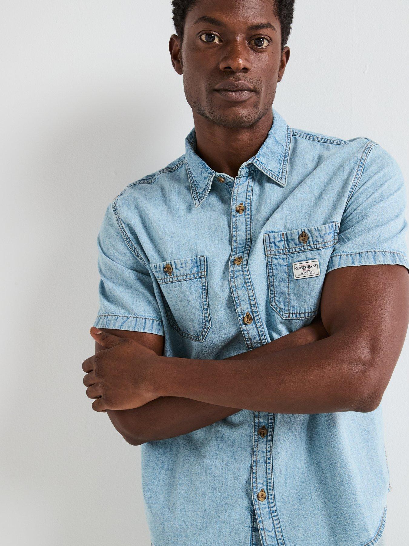 Image 4 of 5 of Guess Regular Short Sleeve Denim Shirt- Light Blue
