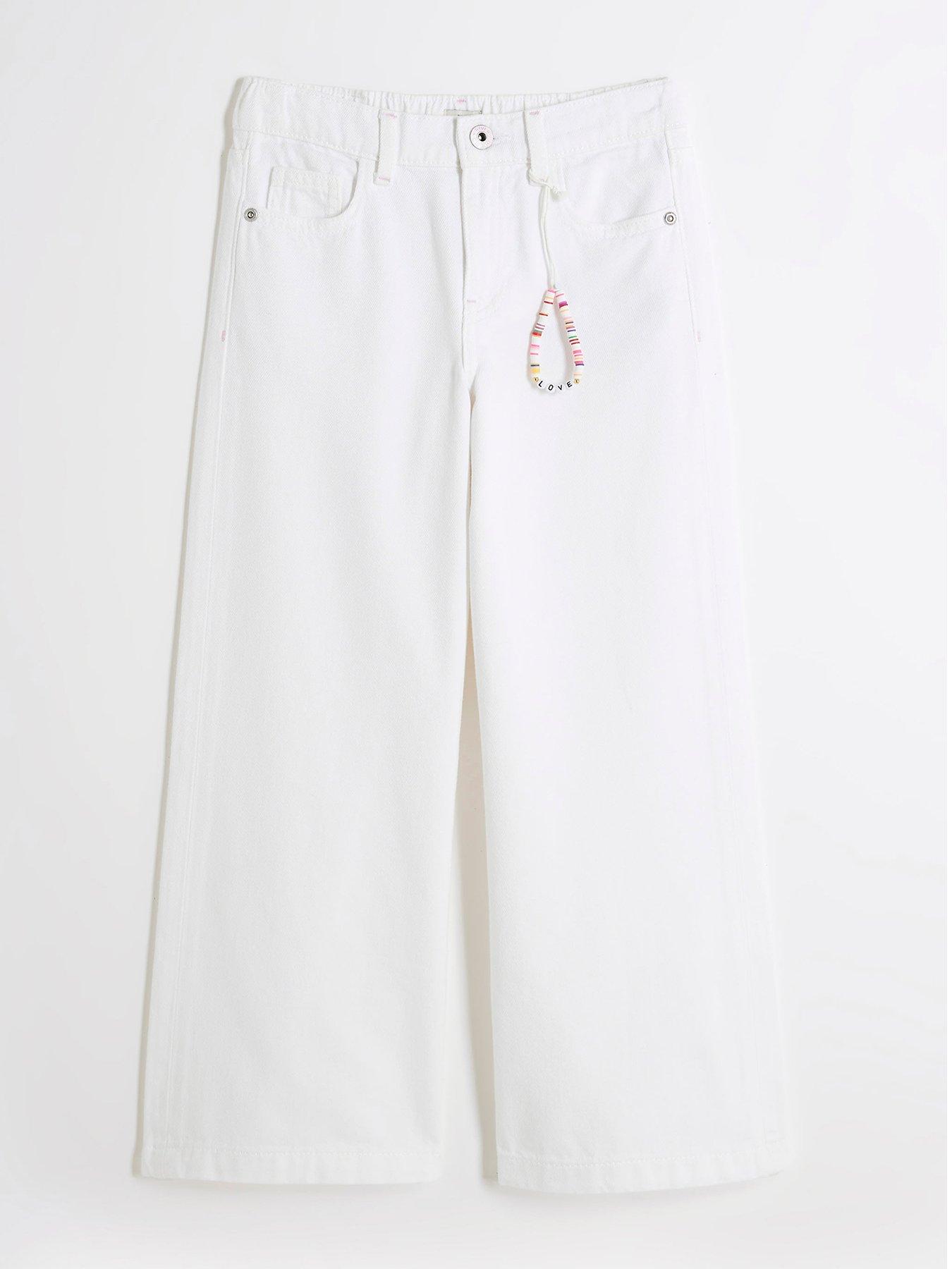 undefined Girls Denim Wide Leg Jeans With Friendship Bracelet - White