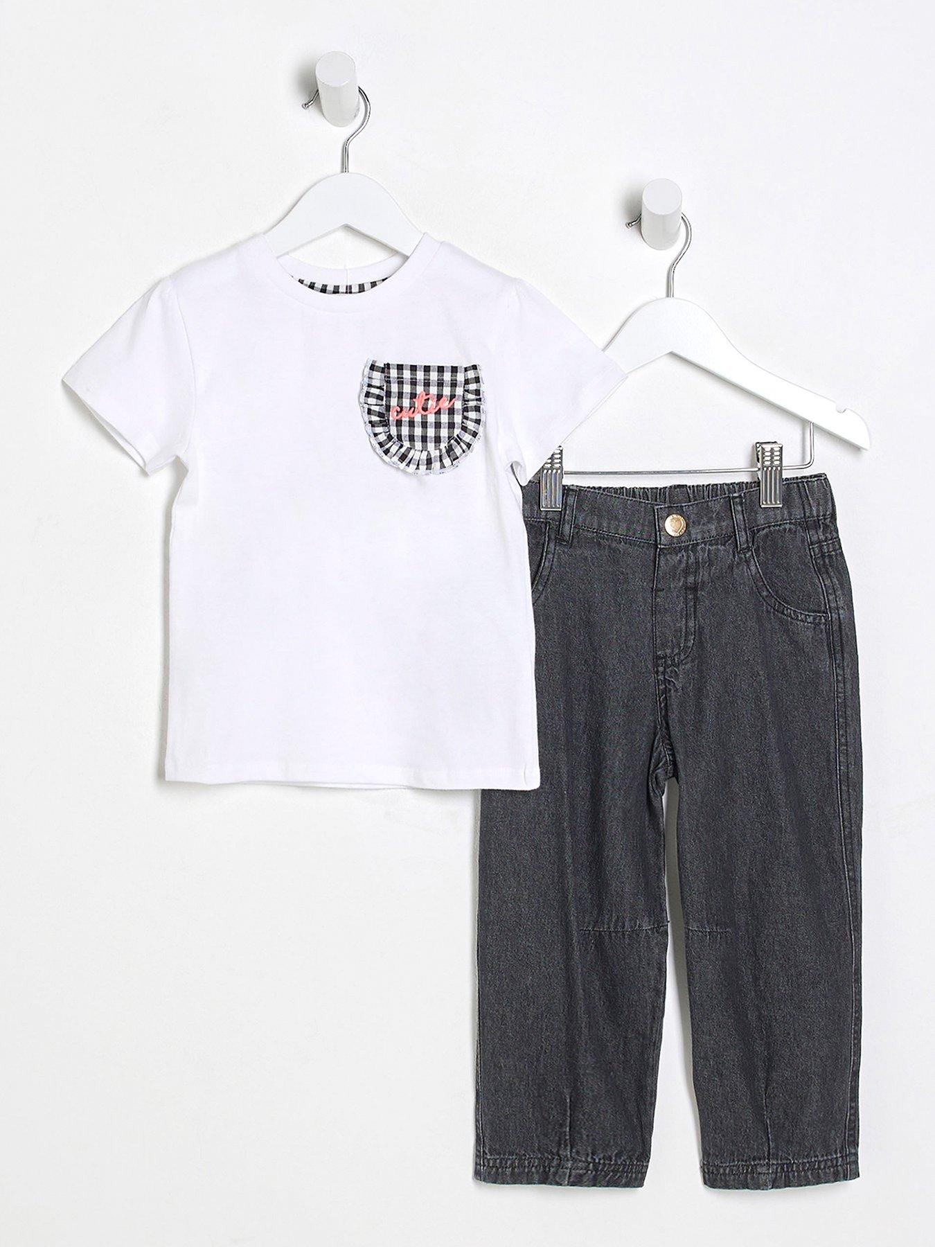 Image 1 of 4 of River Island Mini Mini Girls Gingham Cutie Jean Outfit Set - Black