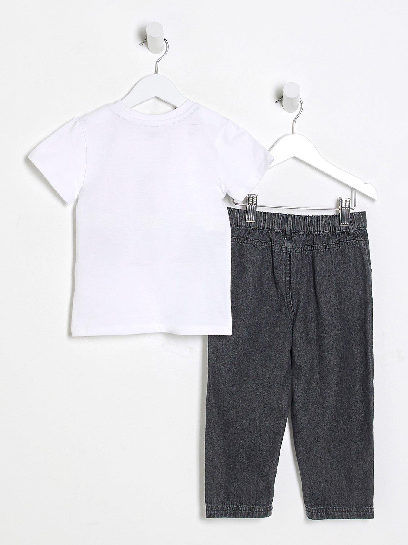 Image 2 of 4 of River Island Mini Mini Girls Gingham Cutie Jean Outfit Set - Black