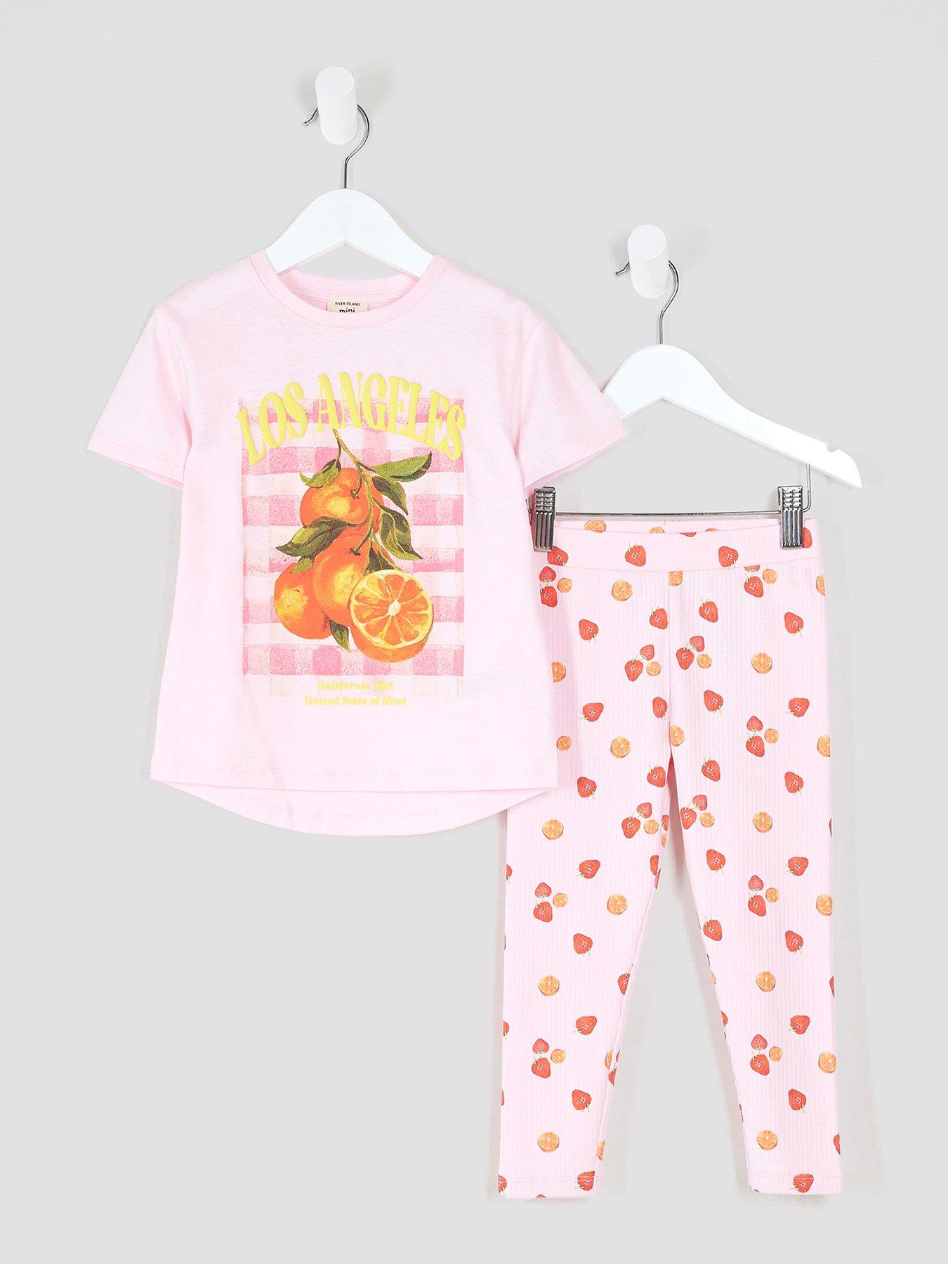 River Island Mini Girls Orange Print T-Shirt  &  Leggings Set - Pink