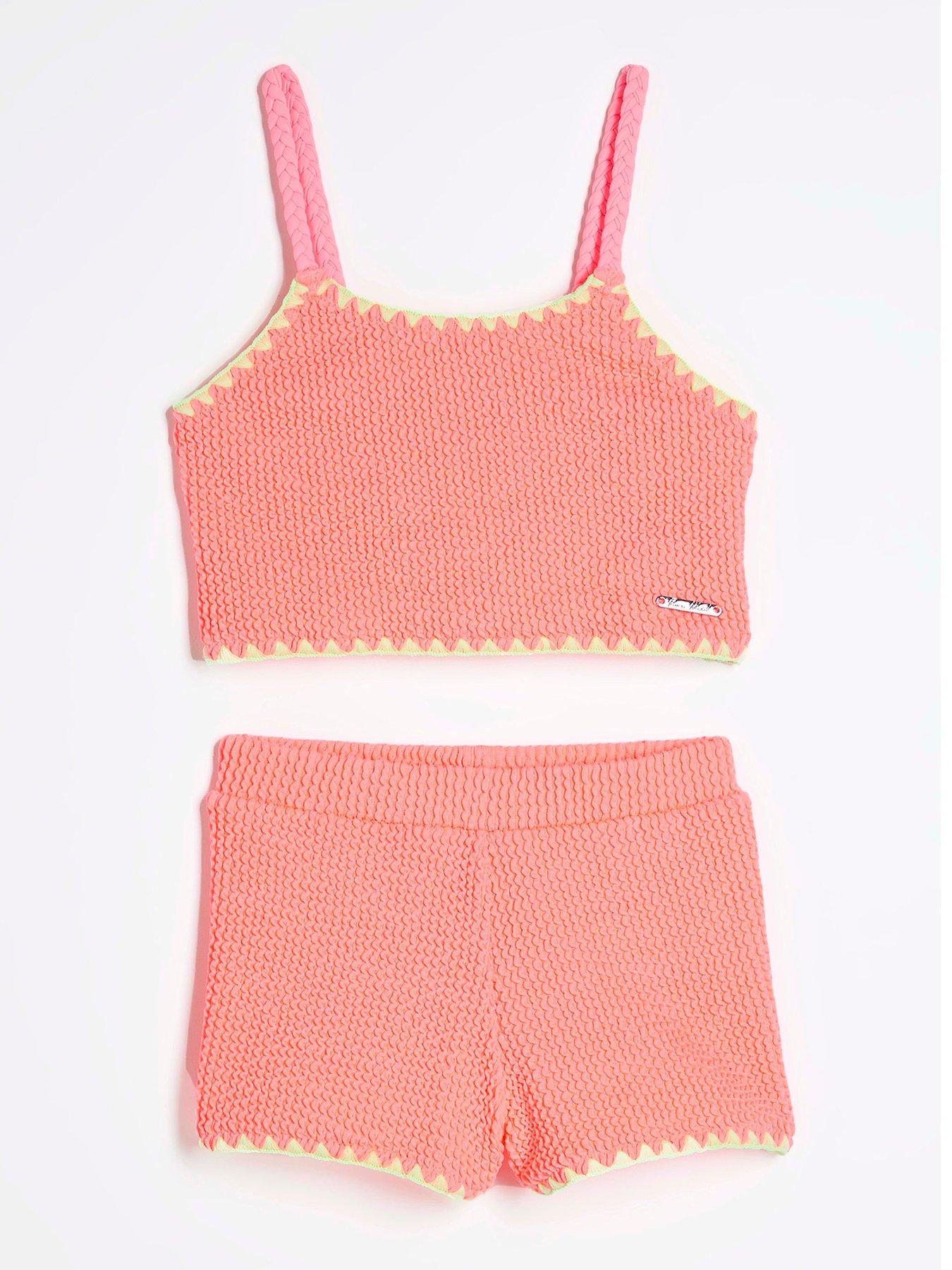 Image 1 of 3 of River Island Mini Mini Girls Textured Bikini Top Set - Orange