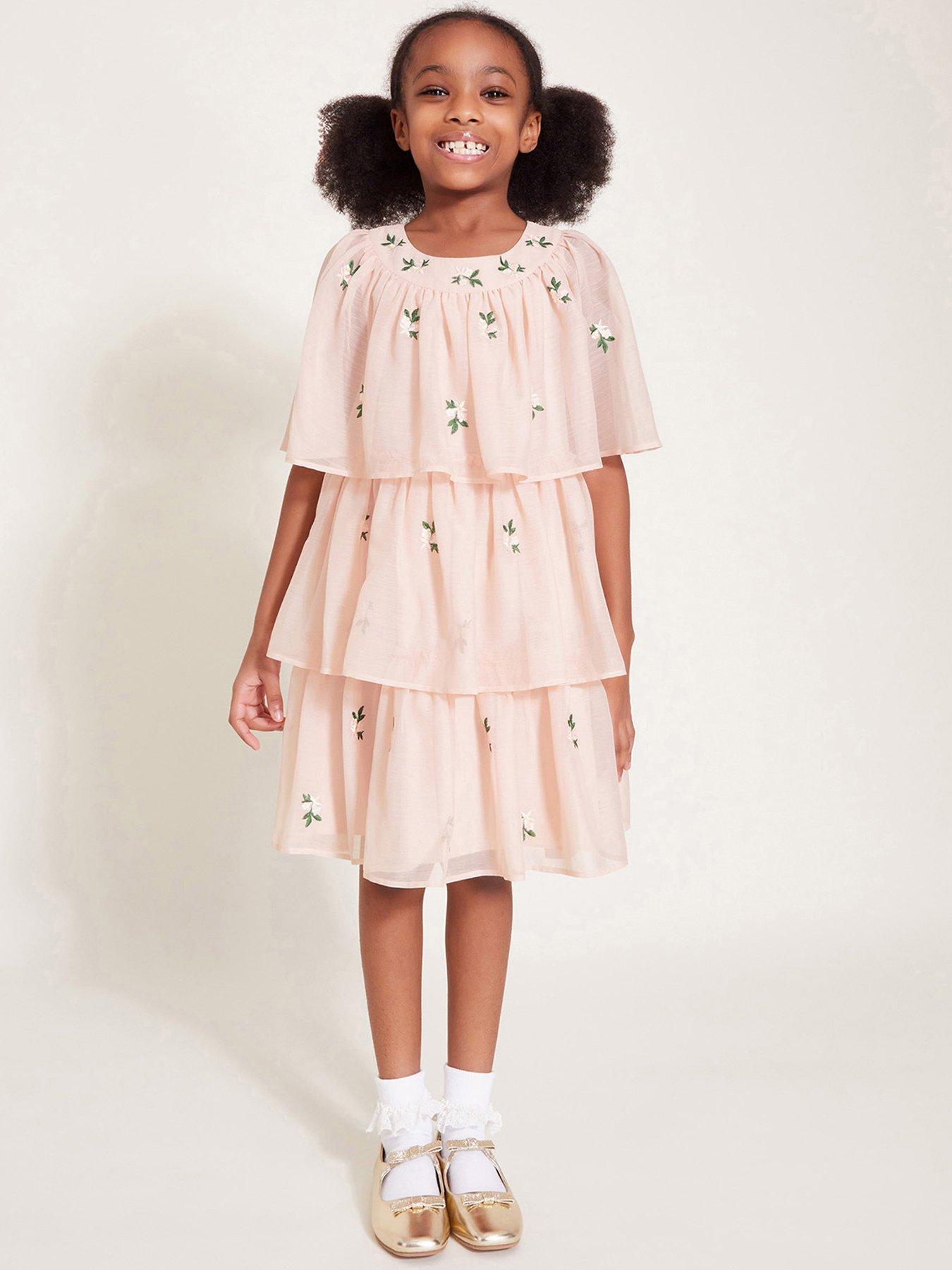 Image 1 of 4 of Monsoon Girls Katinka Embroidered Tiered Dress - Pink