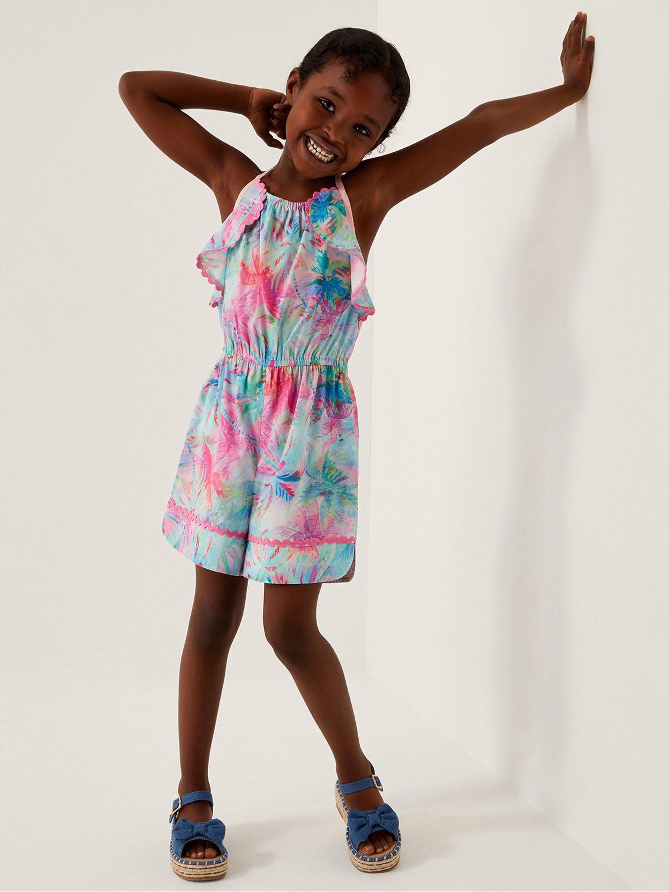 undefined Girls Splash Print Frill Playsuit - Turquoise