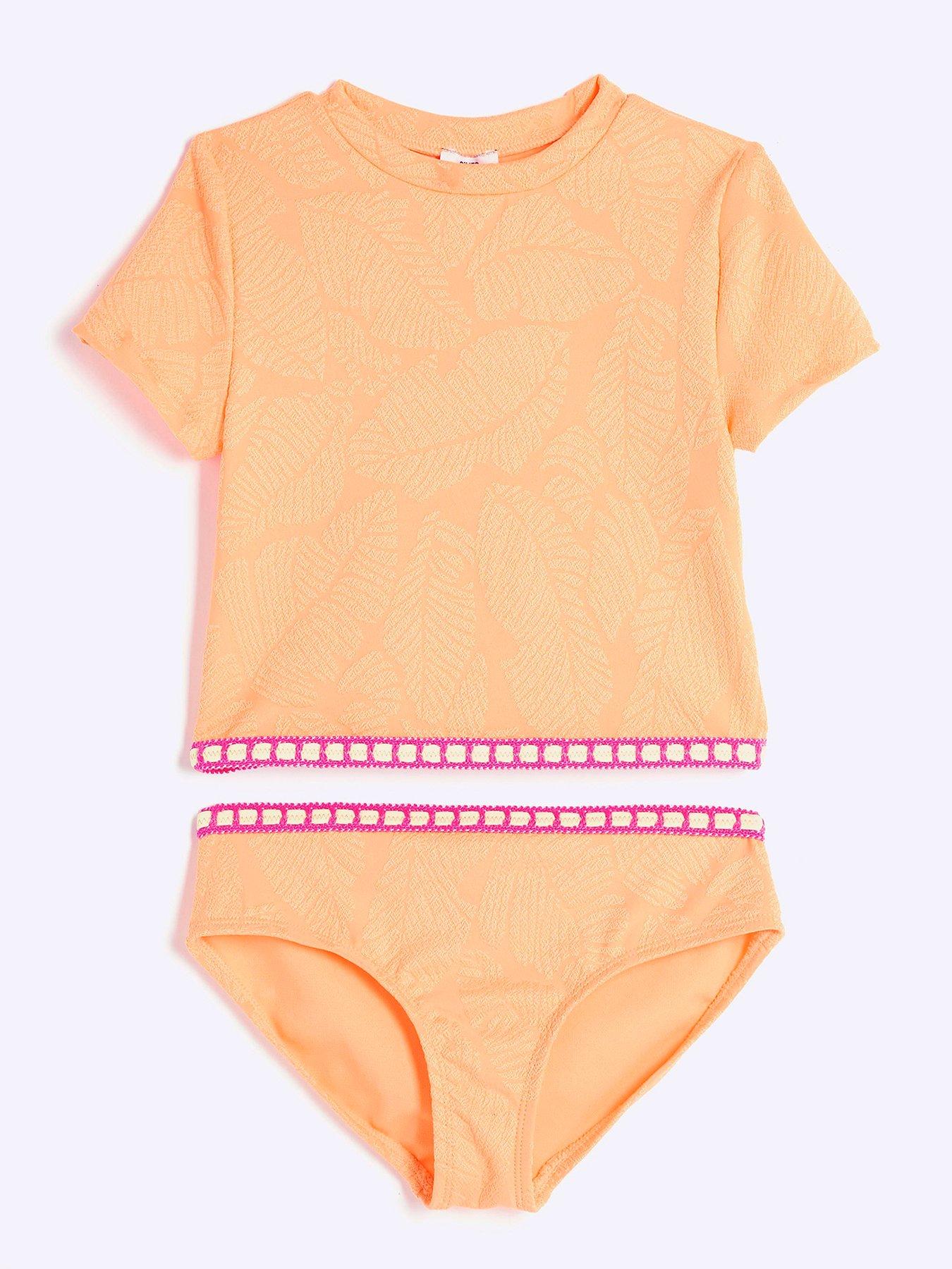 Image 1 of 4 of River Island Girls Palm Textured T-Shirt Bikini Set - Peach