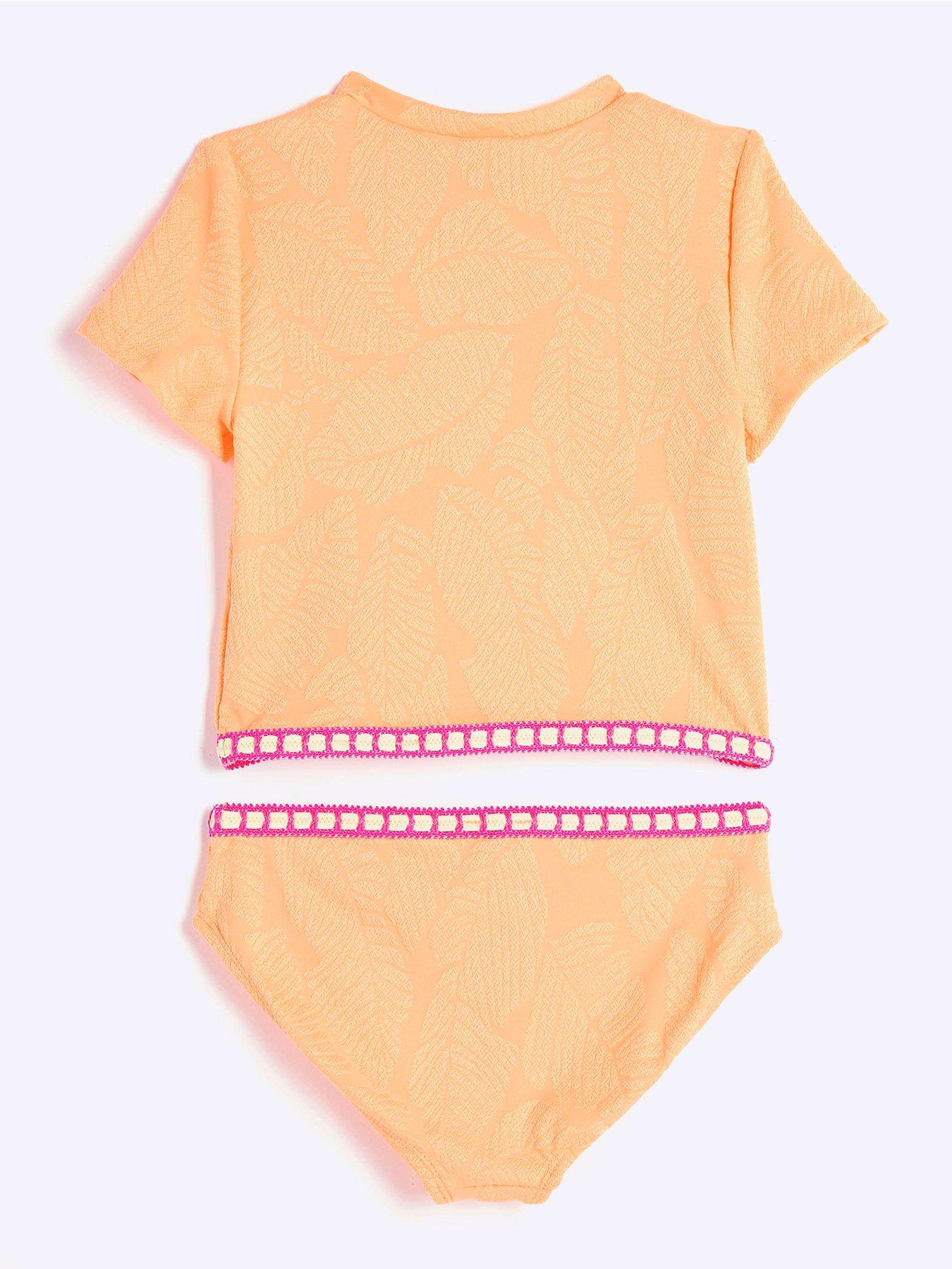 Image 2 of 4 of River Island Girls Palm Textured T-Shirt Bikini Set - Peach