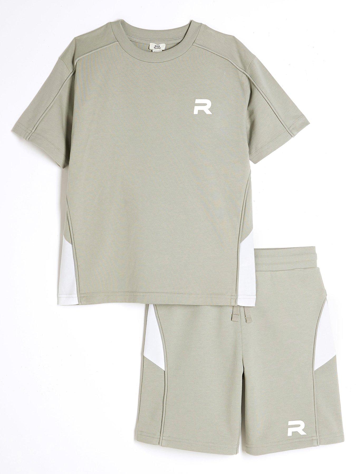 Image 1 of 5 of River Island Boys Block Piped T-shirt And Short Set - Khaki