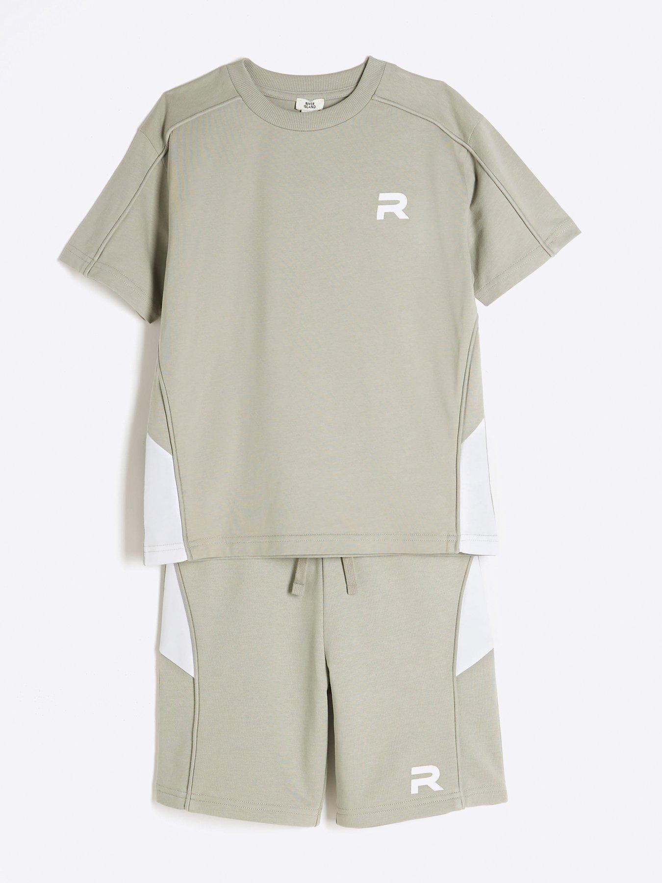 Image 3 of 5 of River Island Boys Block Piped T-shirt And Short Set - Khaki