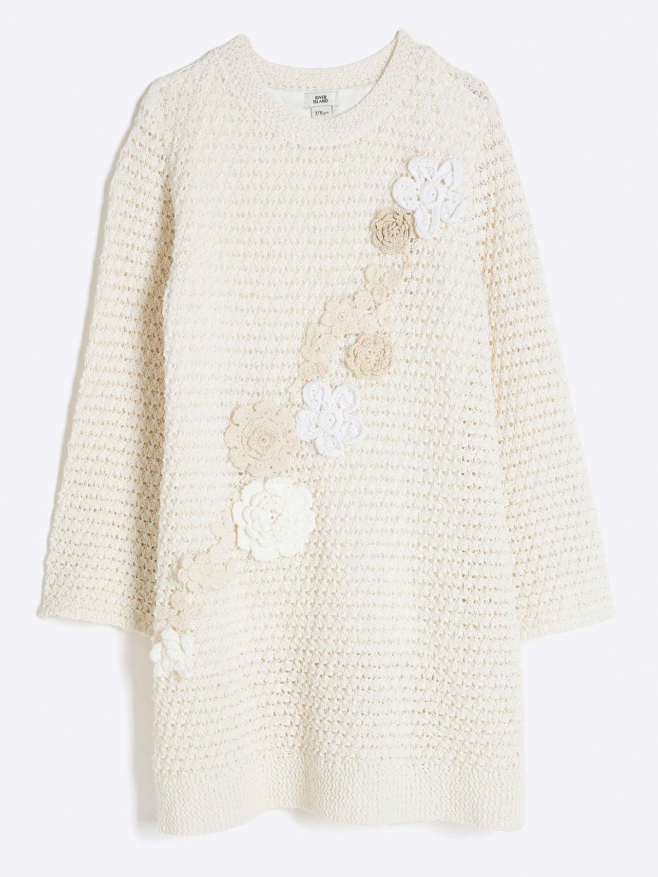 River Island Girls Crochet 3d Floral Dress - Cream