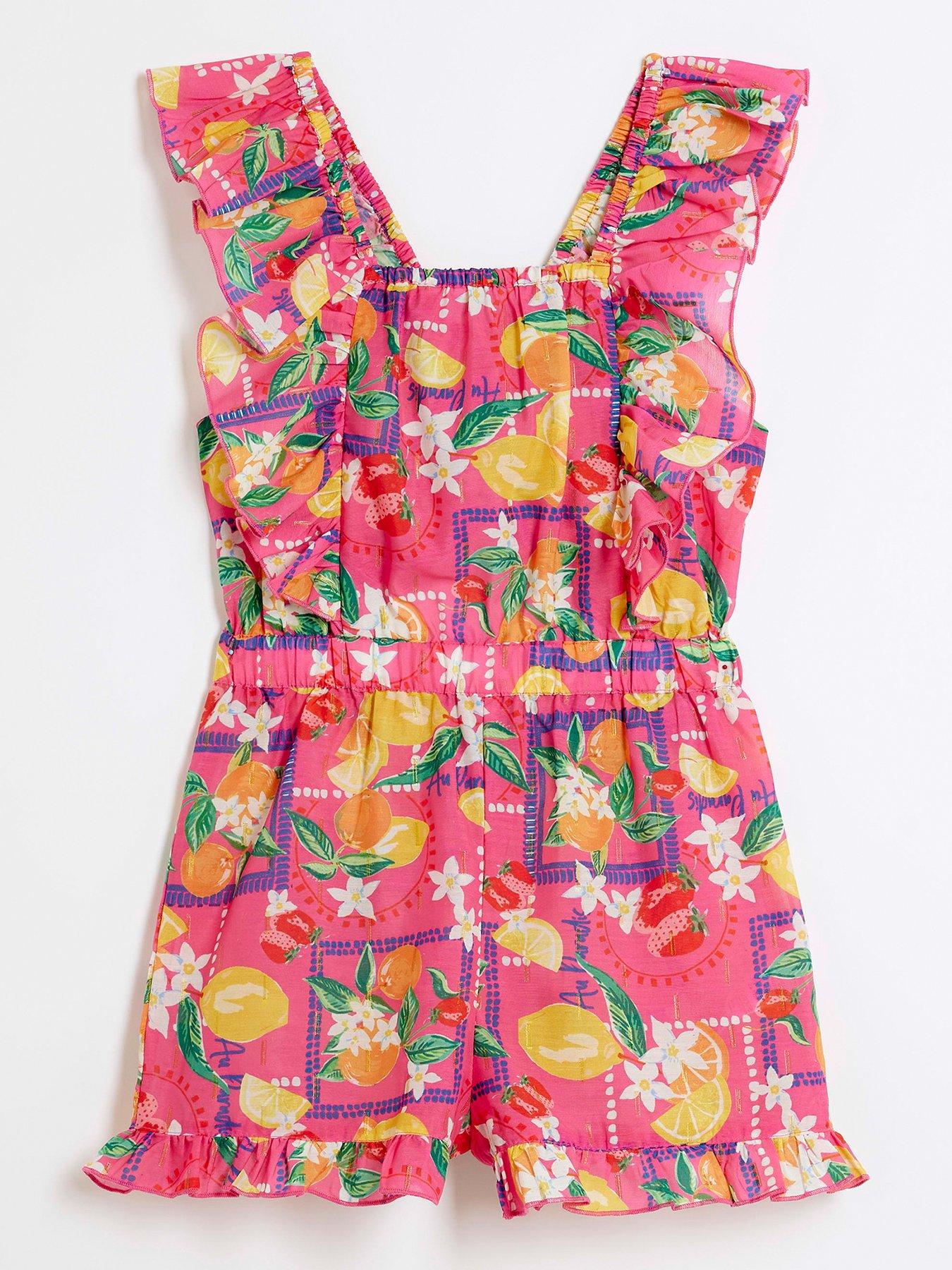 Image 1 of 4 of River Island Girls Lemon Print Beach Playsuit - Pink