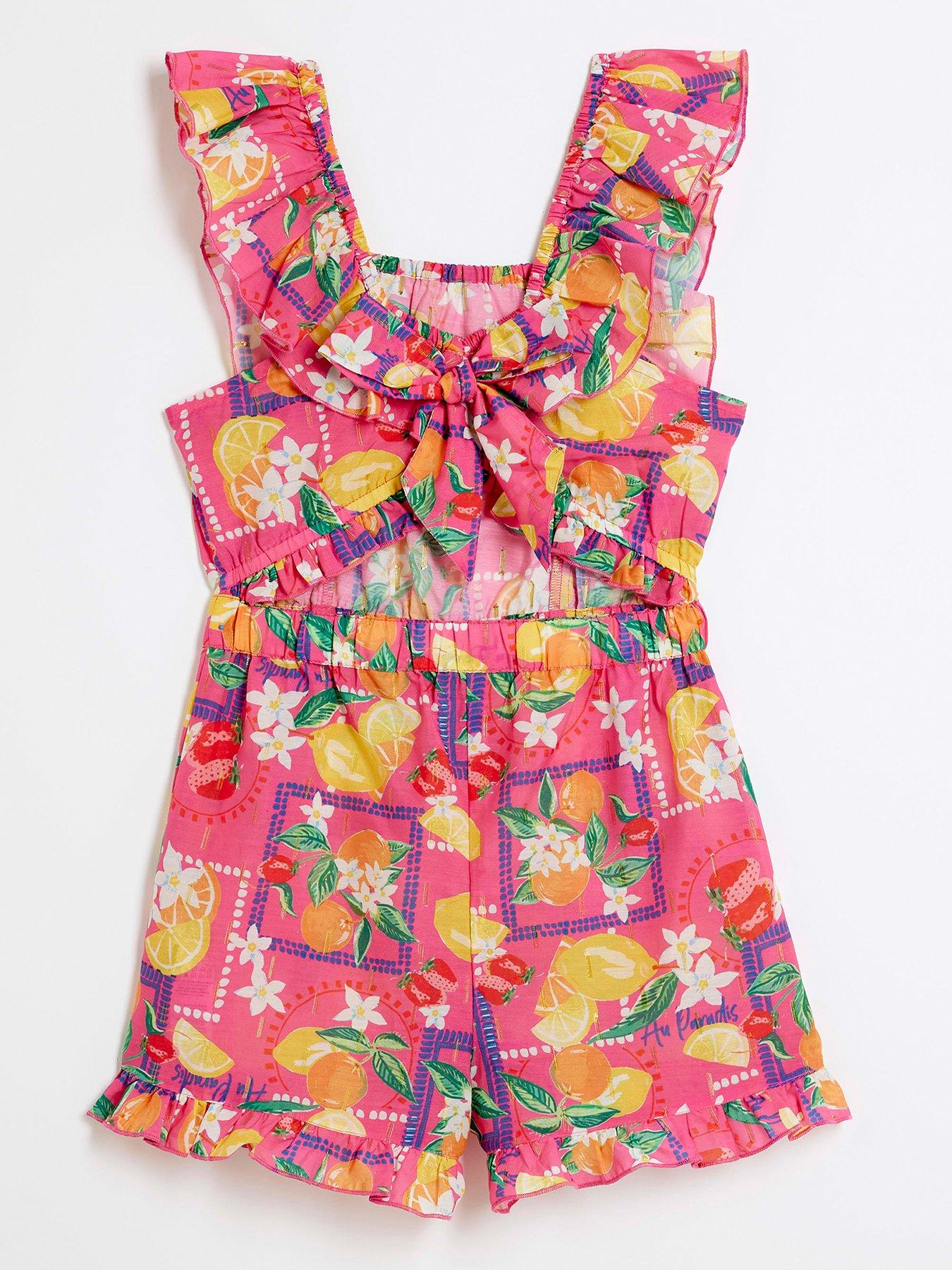 Image 2 of 4 of River Island Girls Lemon Print Beach Playsuit - Pink