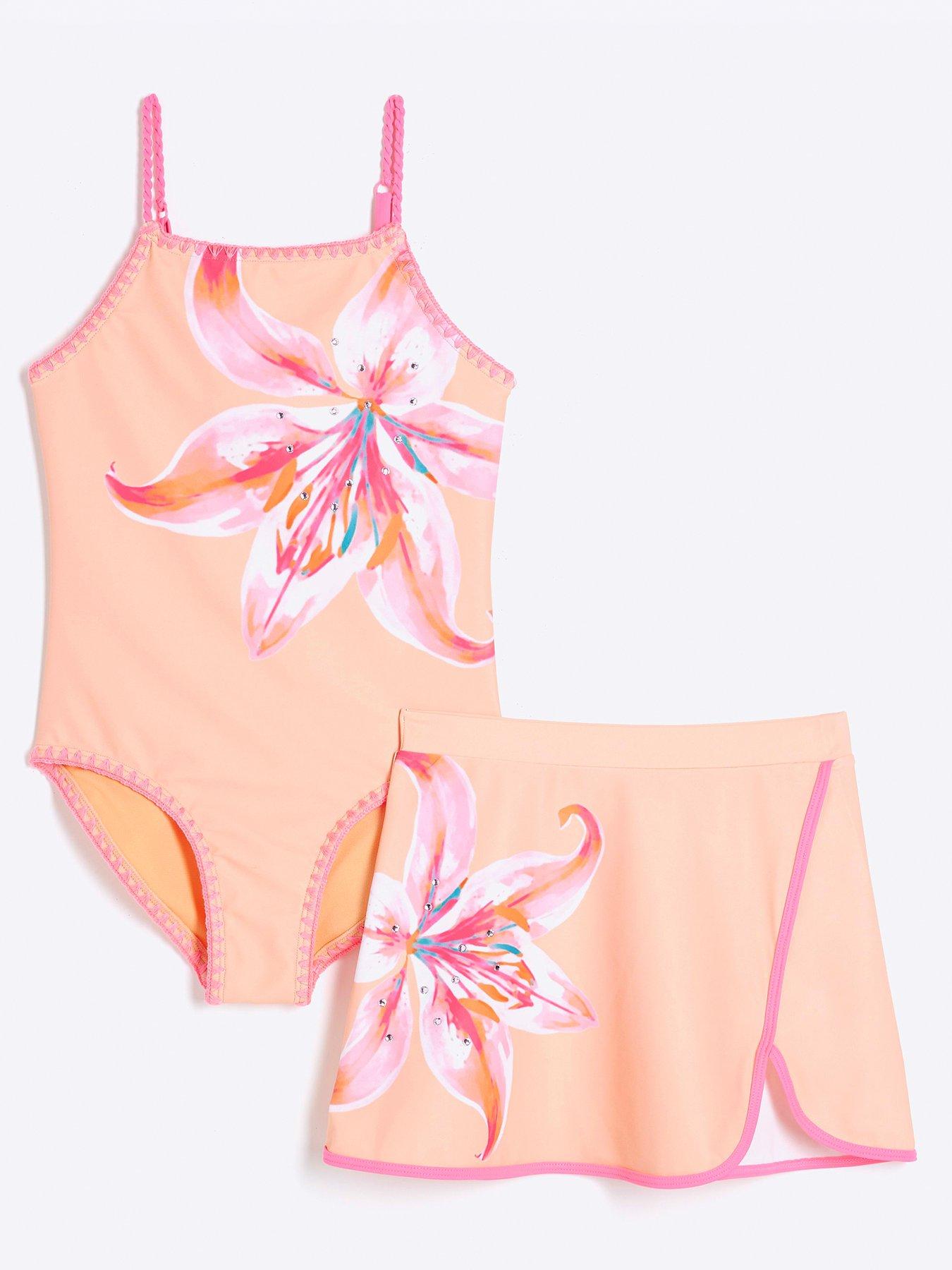 Image 1 of 5 of River Island Girls Floral Swimsuit Set - Peach