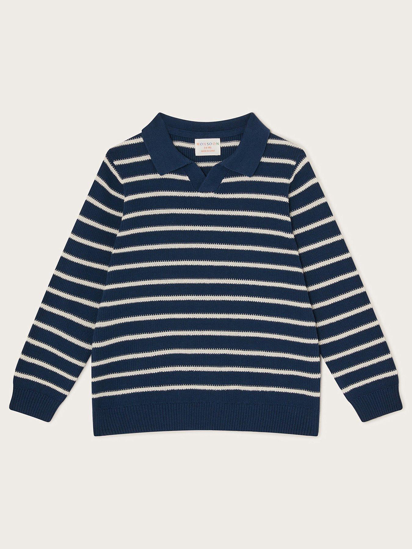 undefined Boys Polo Knitted Striped Jumper - Navy
