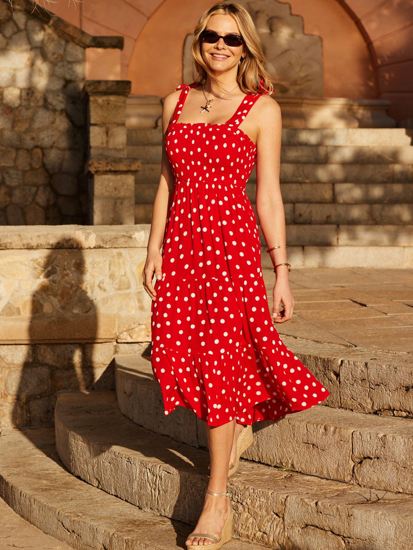 Image of Sosandar Red Spot Print Tie Shoulder Tiered Hem Maxi Dress