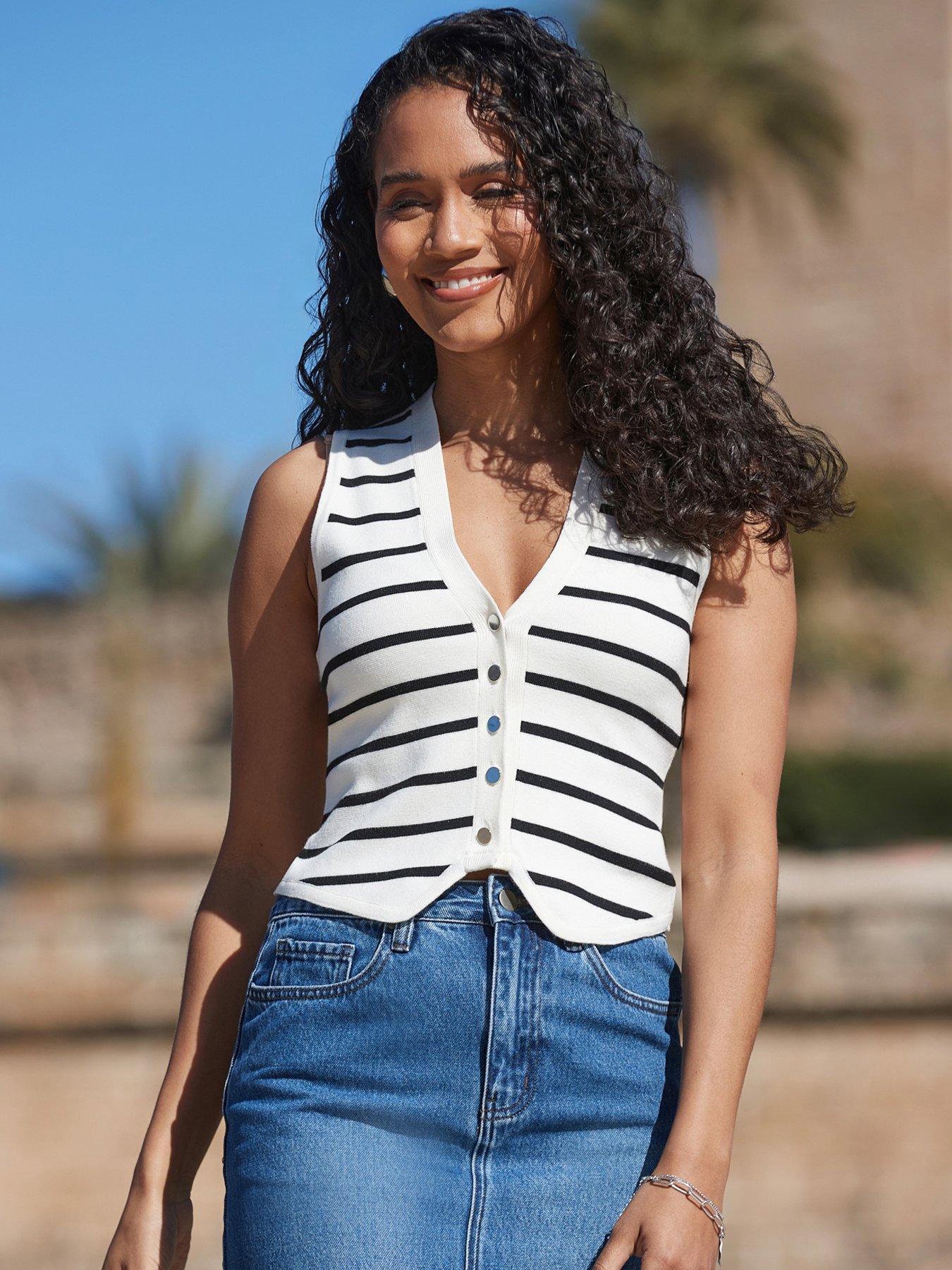 Image 1 of 3 of Sosandar Ivory &amp; Black Stripe Knitted Waistcoat - Multi