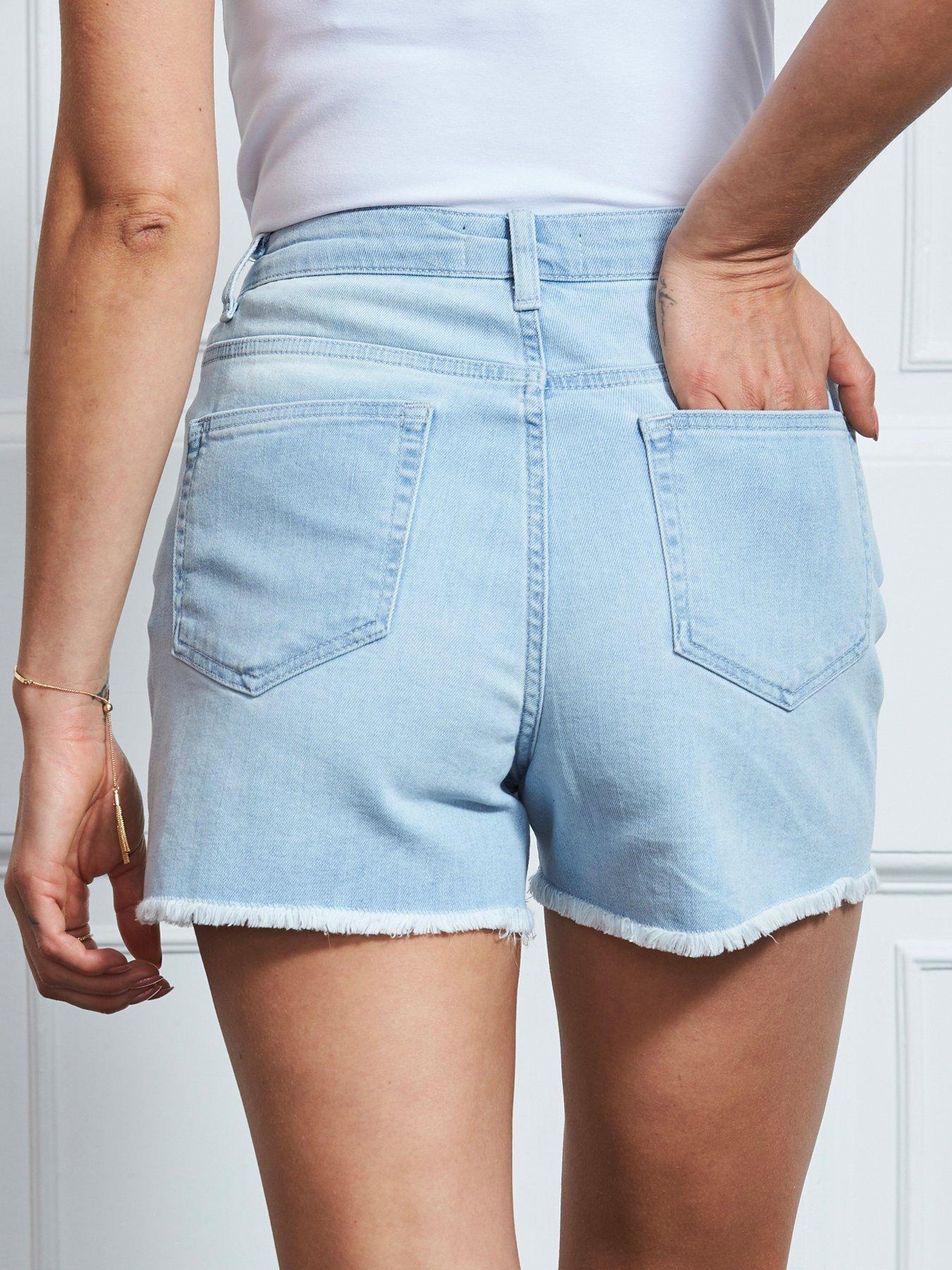 Image 2 of 5 of Sosandar Light Wash Raw Edge Denim Shorts - Blue