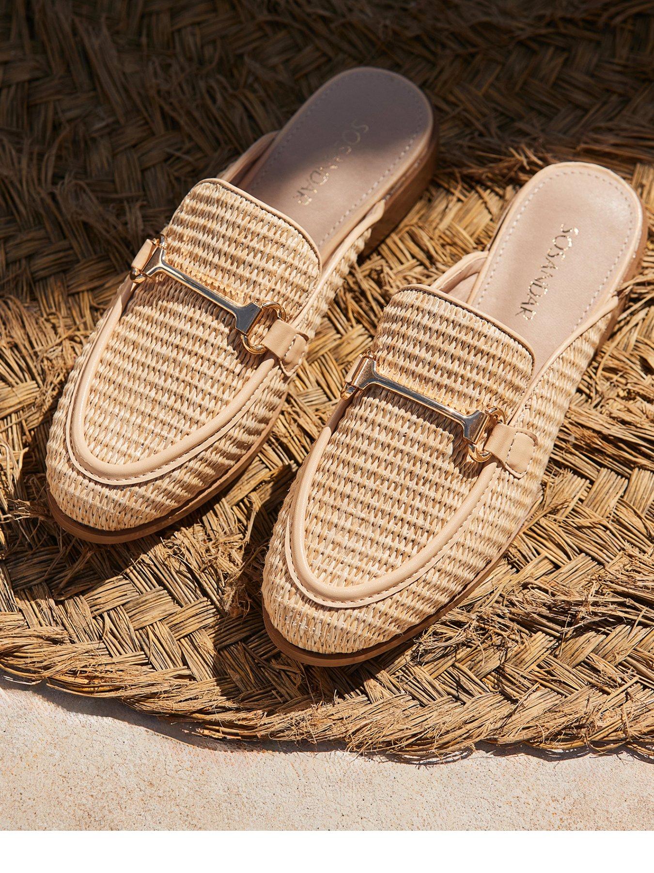 Sosandar Natural Raffia Gold Trim Mule Loafers  - Light Brown