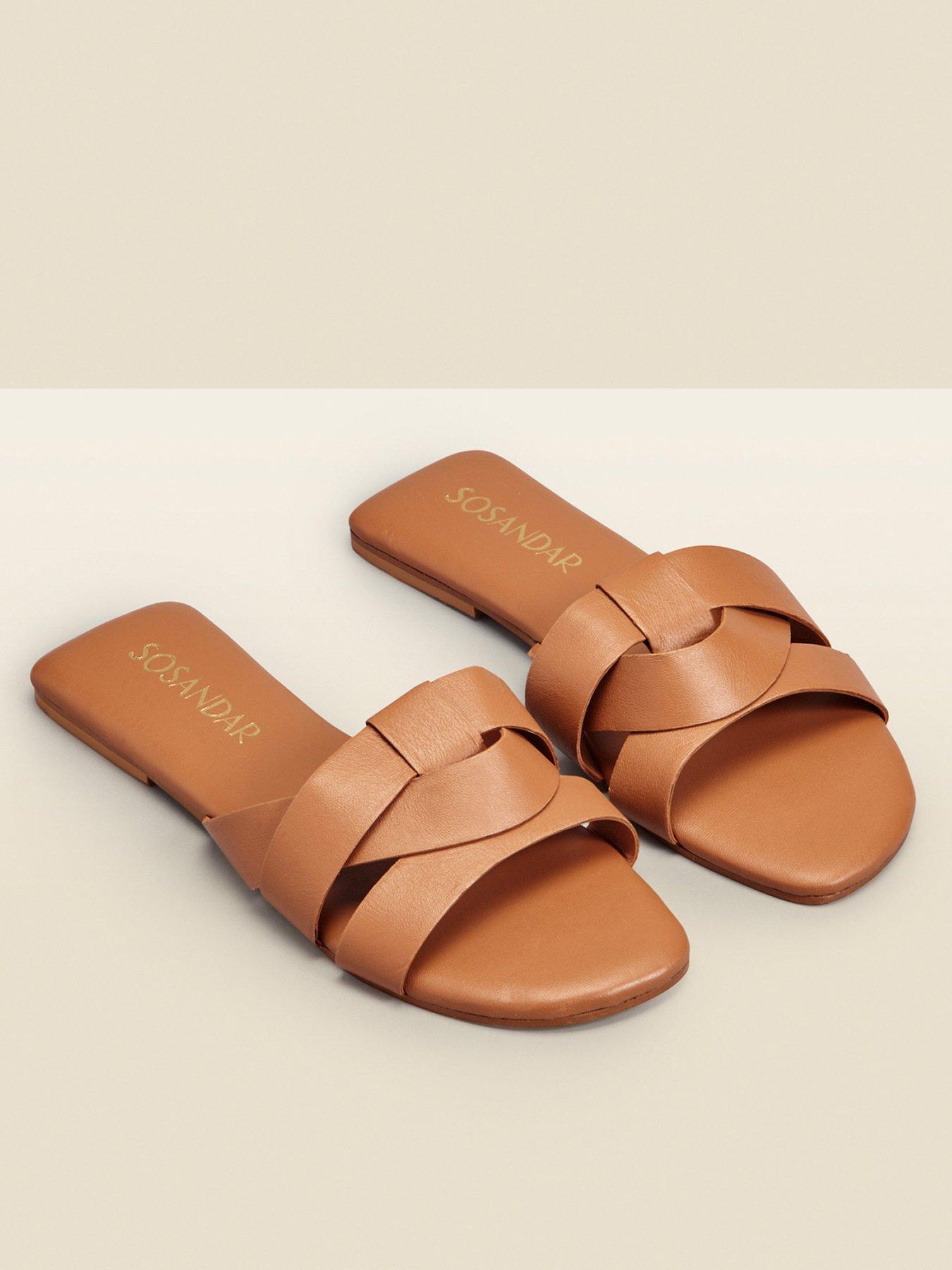 Image 1 of 5 of Sosandar Amore Leather Cross Strap Flat Mule Sandals - Tan