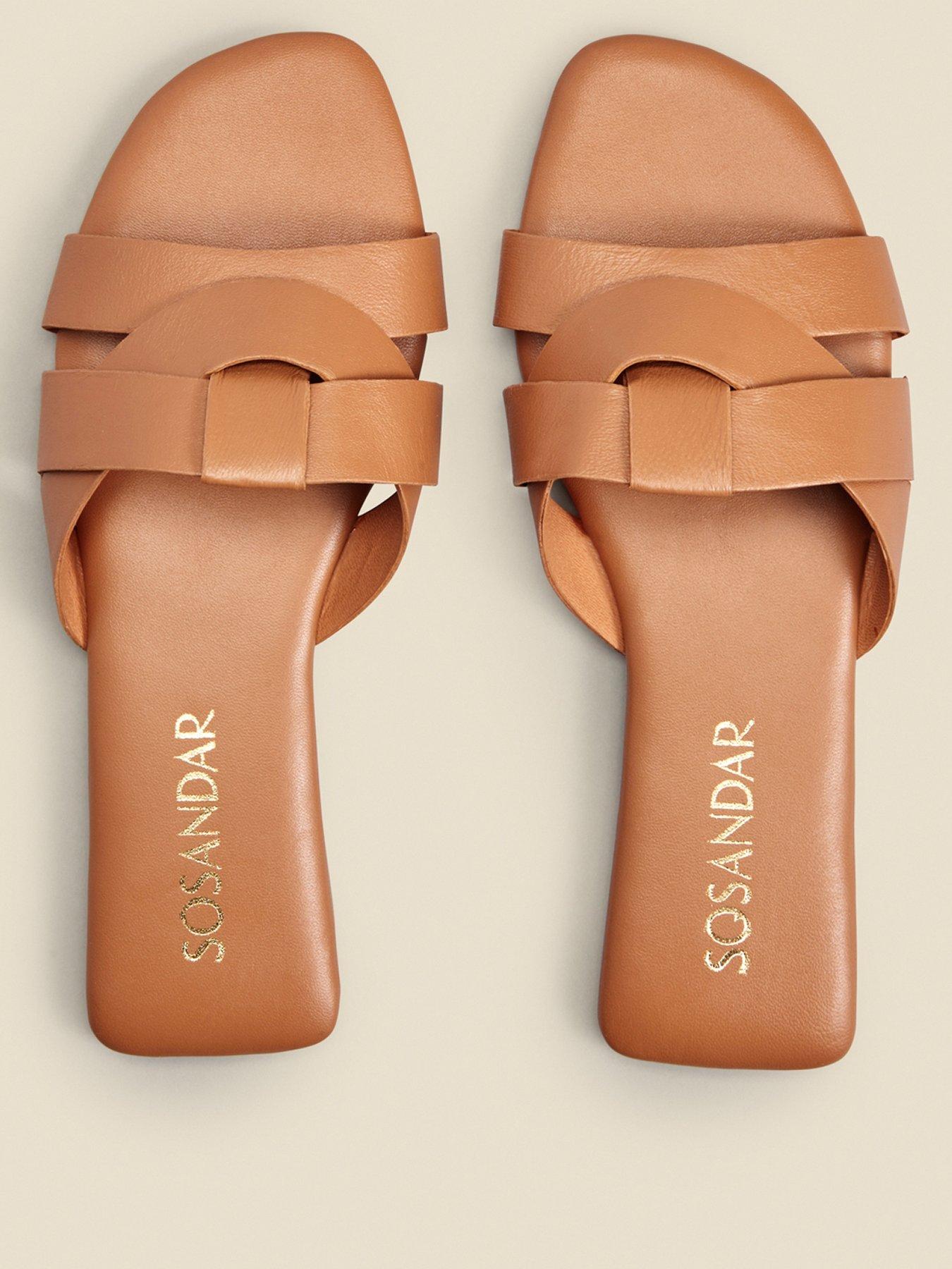 Image 2 of 5 of Sosandar Amore Leather Cross Strap Flat Mule Sandals - Tan