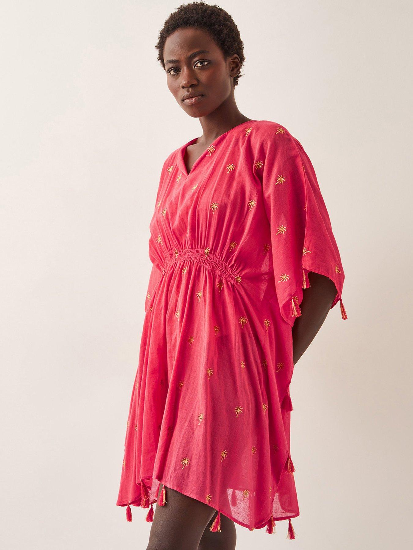 Image 1 of 4 of Monsoon Ivy Palm Embroidered Kaftan - Coral